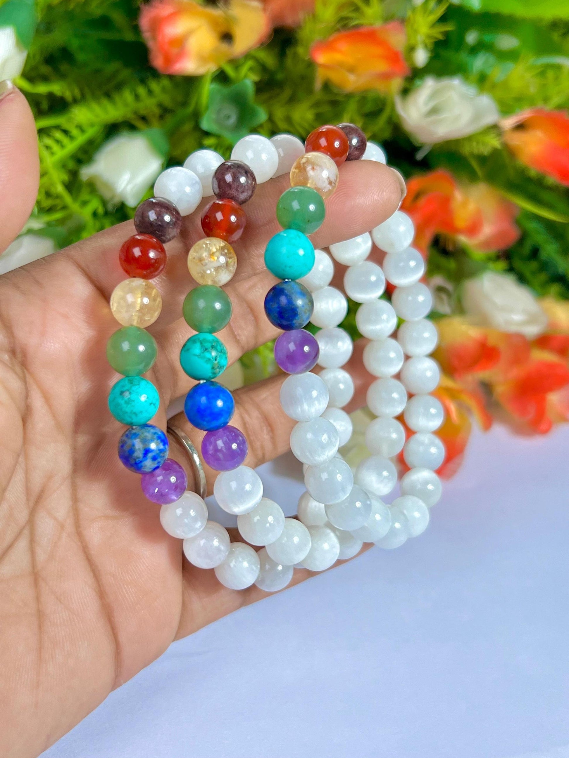 7 Chakra With Selenite Stone Bracelet l Stretchable Bracelet l Unisex Bracelet l 8 MM Bracelet