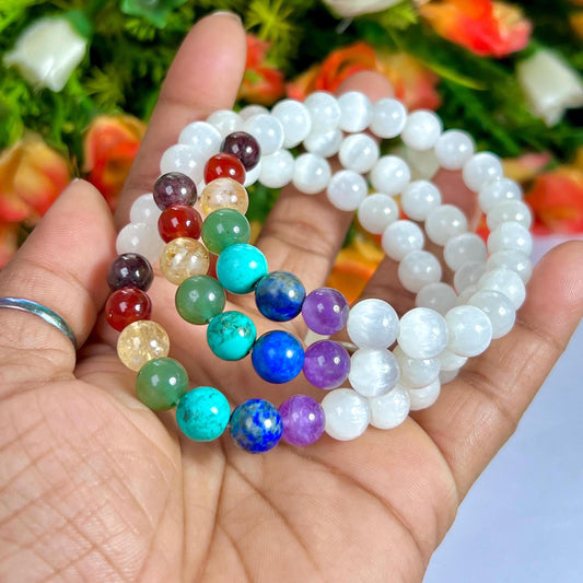 7 Chakra With Selenite Stone Bracelet l Stretchable Bracelet l Unisex Bracelet l 8 MM Bracelet