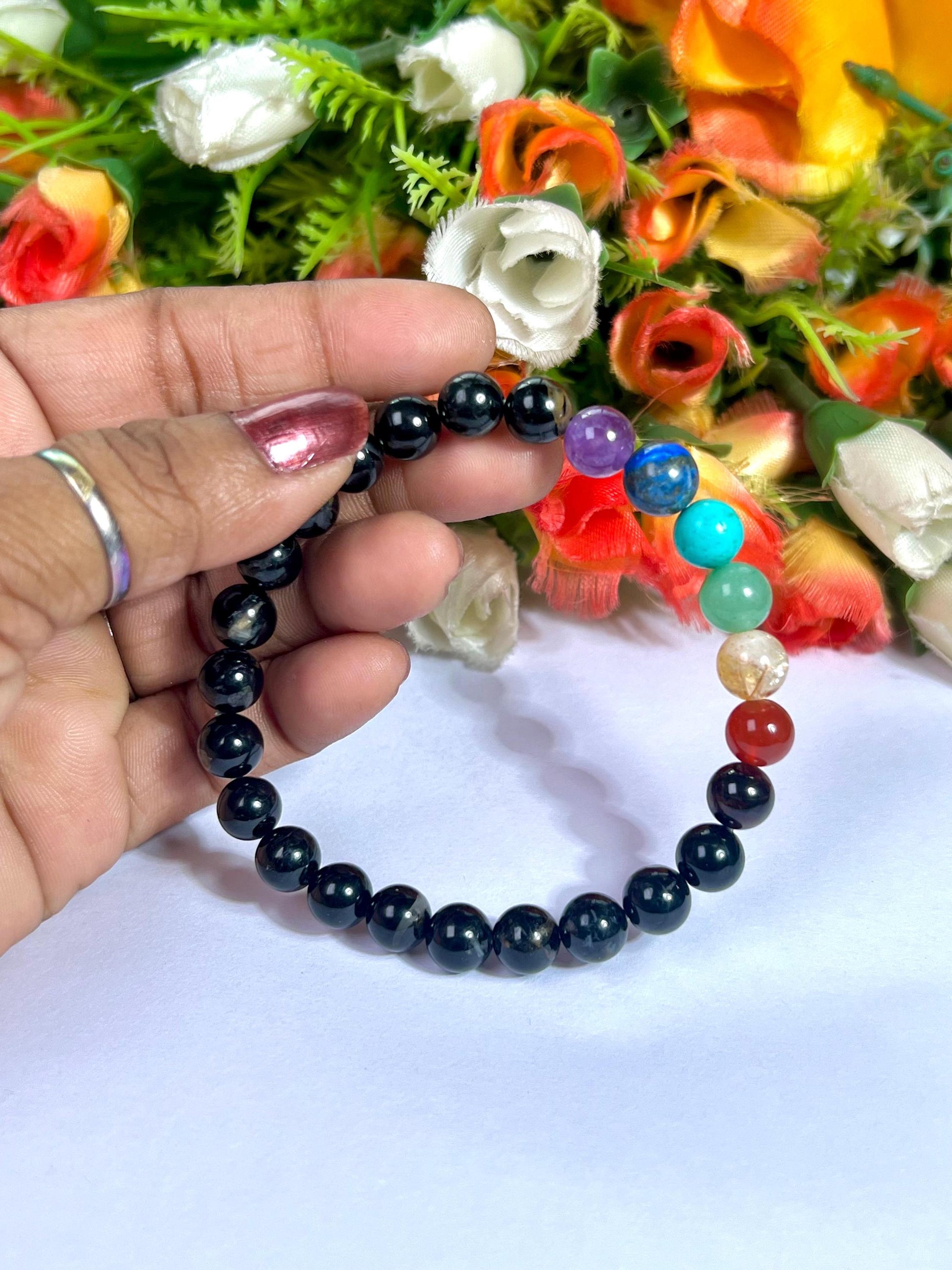 7 Chakra With Black Tourmaline Stone Bracelet l Stretchable Bracelet l Unisex Bracelet l 8 MM Bracelet