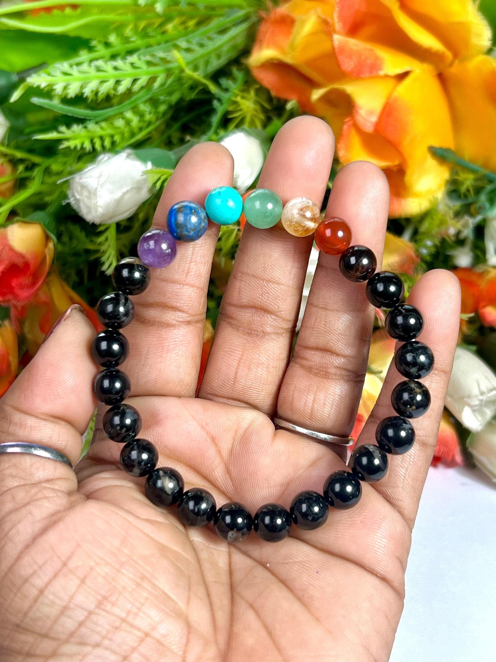 7 Chakra With Black Tourmaline Stone Bracelet l Stretchable Bracelet l Unisex Bracelet l 8 MM Bracelet