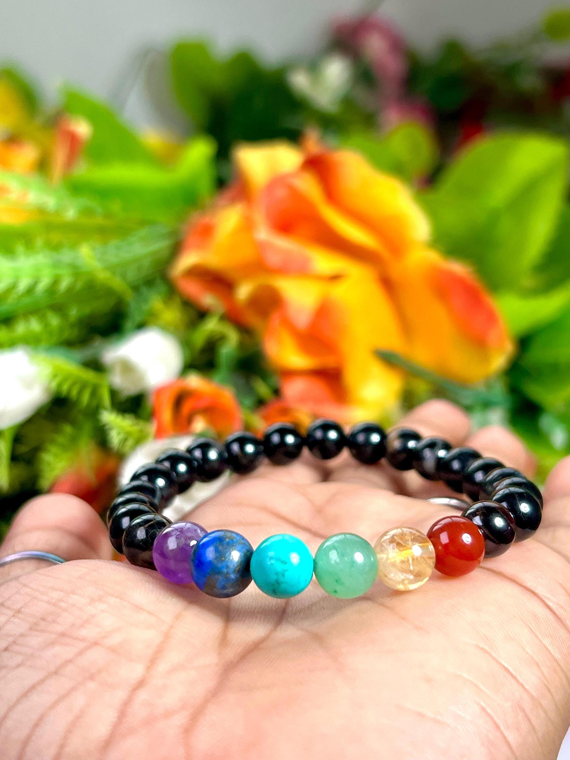 7 Chakra With Black Tourmaline Stone Bracelet l Stretchable Bracelet l Unisex Bracelet l 8 MM Bracelet