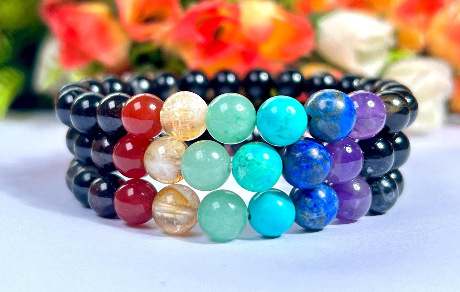 7 Chakra With Black Tourmaline Stone Bracelet l Stretchable Bracelet l Unisex Bracelet l 8 MM Bracelet