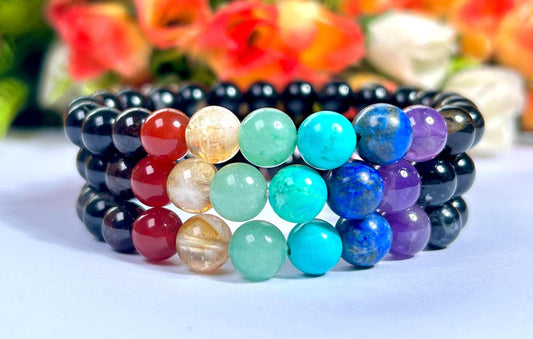 7 Chakra With Black Tourmaline Stone Bracelet l Stretchable Bracelet l Unisex Bracelet l 8 MM Bracelet