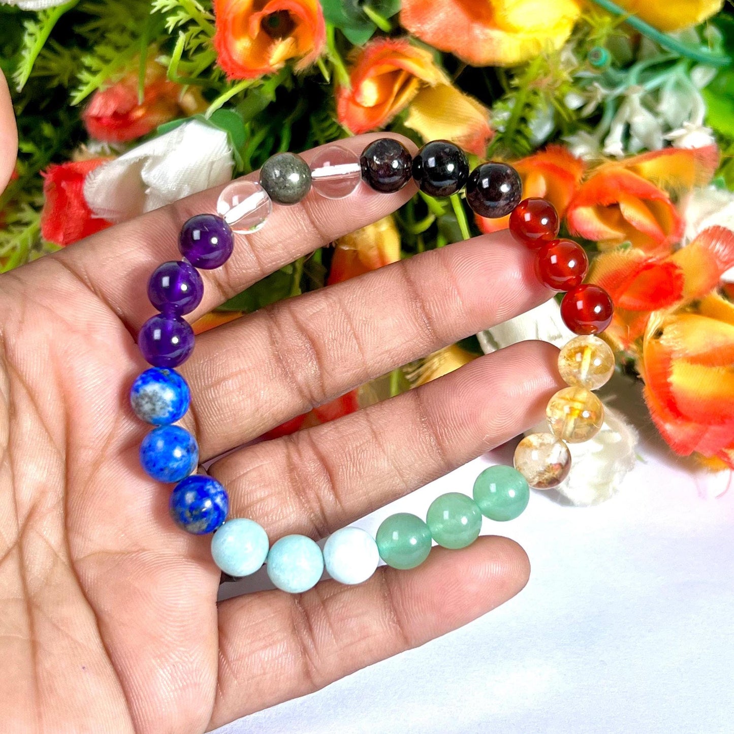 7 Seven Chakra Stone Garnet Carnelian Citrine Green Aventurine Amazonite Lapis Lazuli Amethyst With Pyrie and Himalaya Crystal 8 MM Bracelet