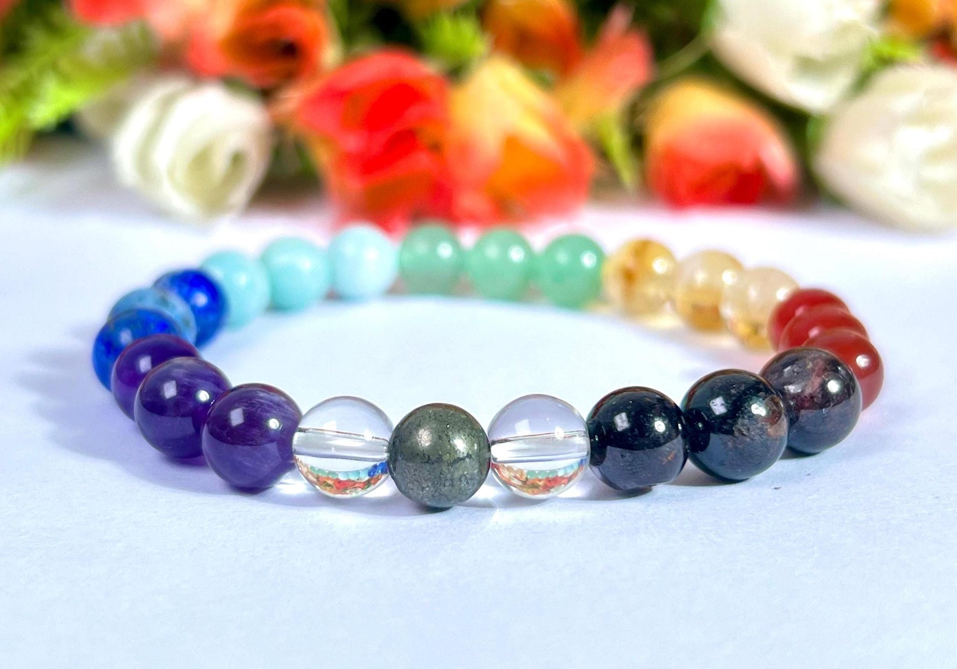 7 Seven Chakra Stone Garnet Carnelian Citrine Green Aventurine Amazonite Lapis Lazuli Amethyst With Pyrie and Himalaya Crystal 8 MM Bracelet
