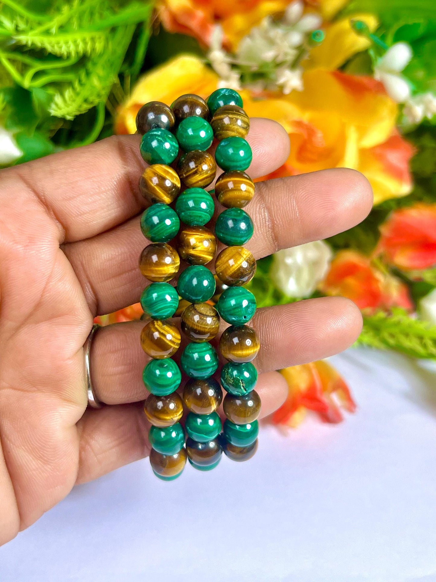 Malachite and Tiger's eye Stone Bracelet l Stretchable Bracelet l Unisex Bracelet l 8 MM Bracelet