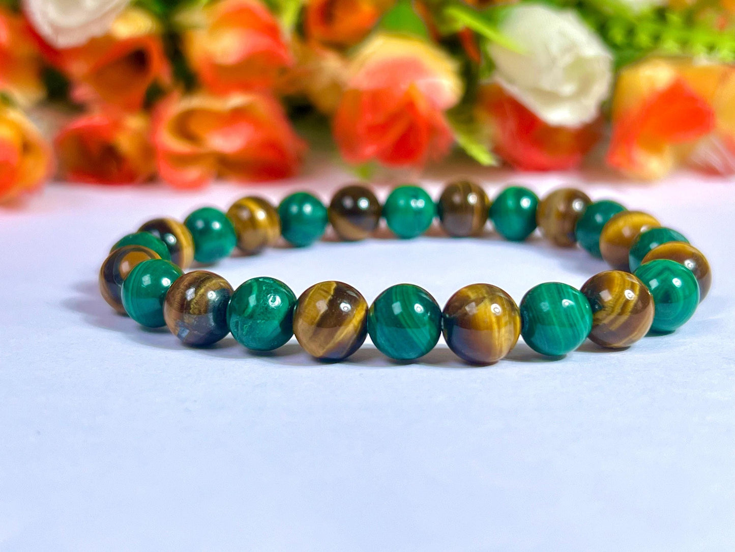 Malachite and Tiger's eye Stone Bracelet l Stretchable Bracelet l Unisex Bracelet l 8 MM Bracelet