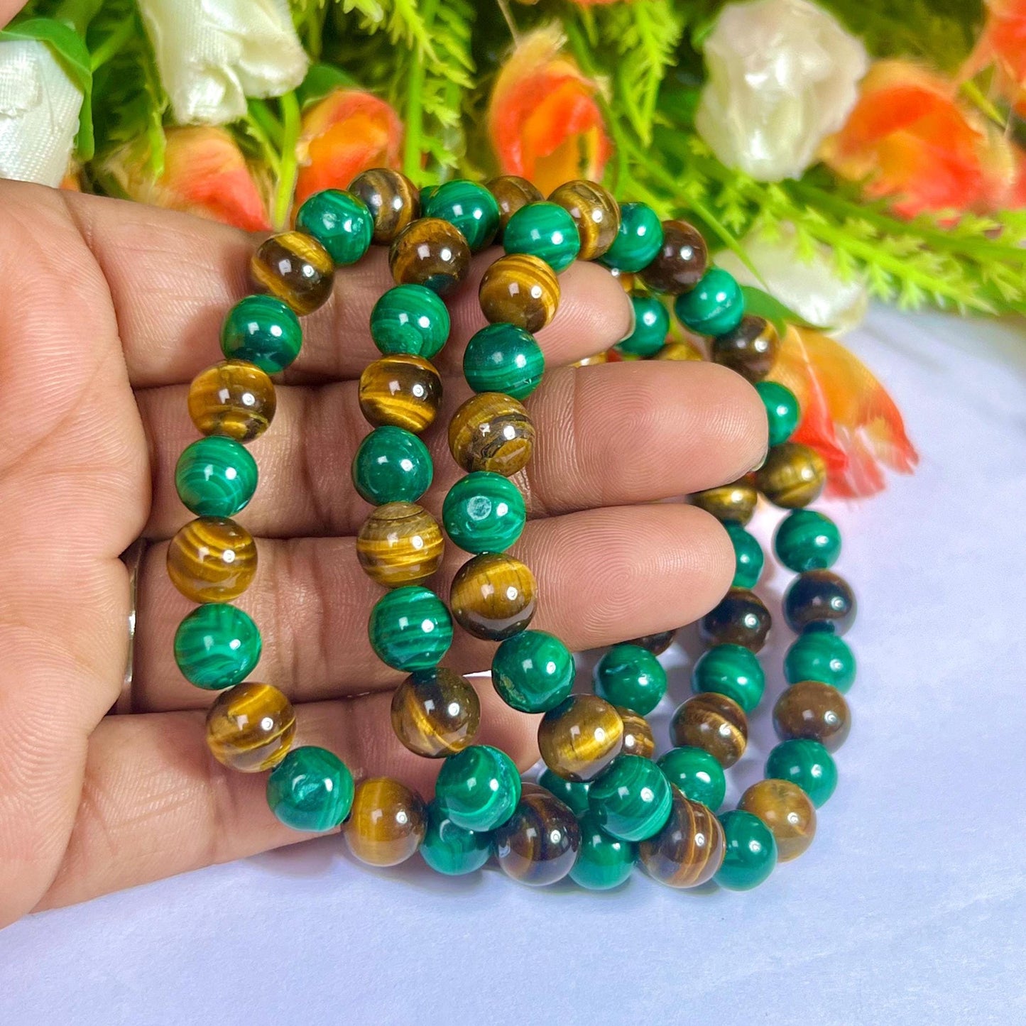 Malachite and Tiger's eye Stone Bracelet l Stretchable Bracelet l Unisex Bracelet l 8 MM Bracelet