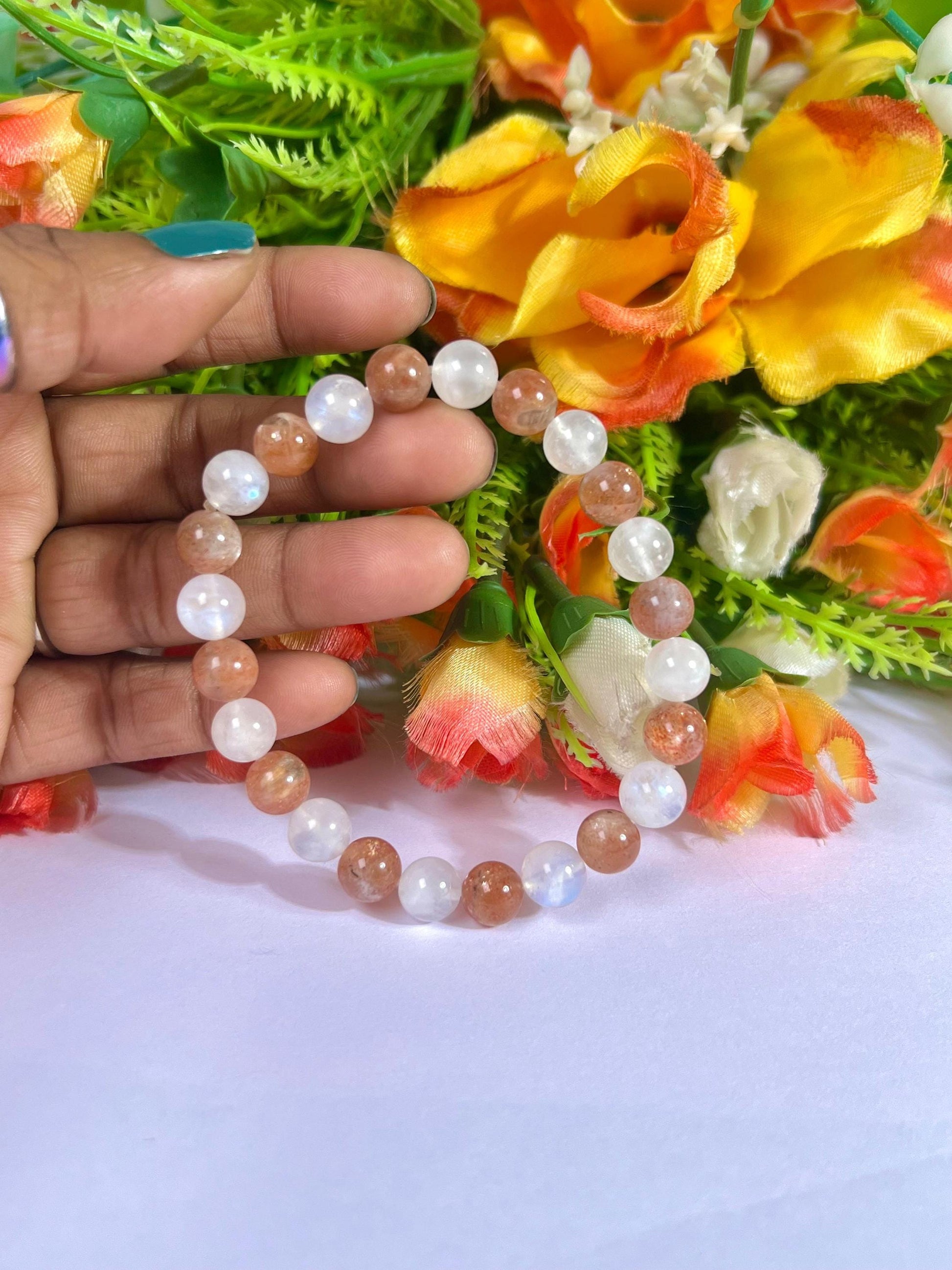 Sunstone and Rainbow Moonstone Stone Bracelet l Stretchable Bracelet l Unisex Bracelet l 8 MM Bracelet
