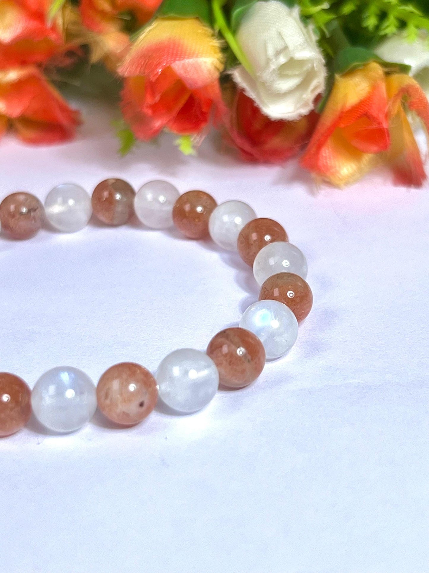 Sunstone and Rainbow Moonstone Stone Bracelet l Stretchable Bracelet l Unisex Bracelet l 8 MM Bracelet