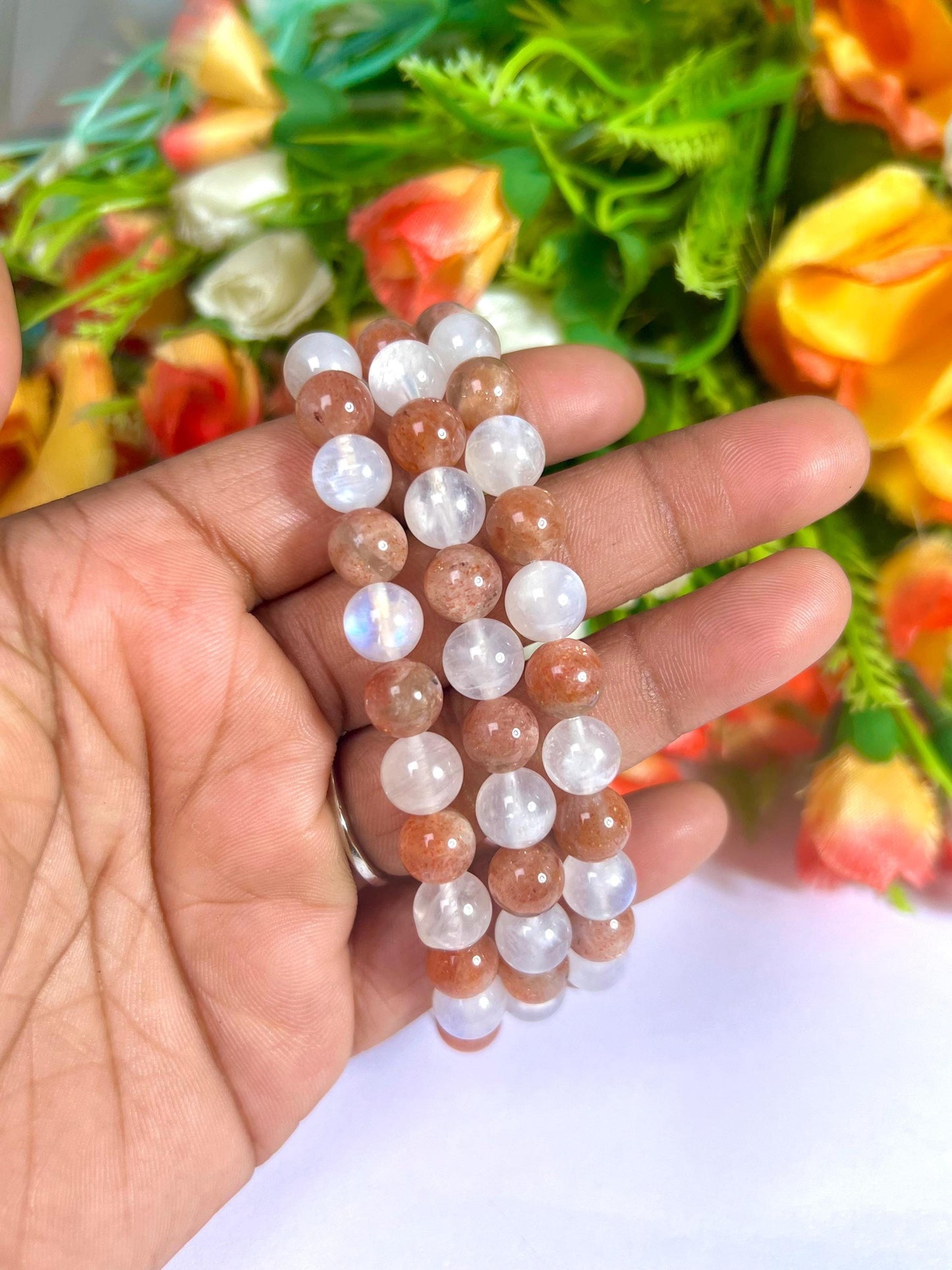 Sunstone and Rainbow Moonstone Stone Bracelet l Stretchable Bracelet l Unisex Bracelet l 8 MM Bracelet