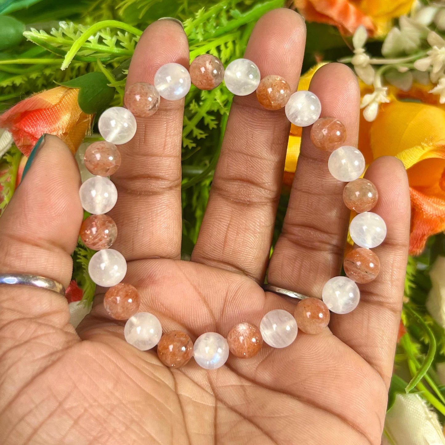 Sunstone and Rainbow Moonstone Stone Bracelet l Stretchable Bracelet l Unisex Bracelet l 8 MM Bracelet