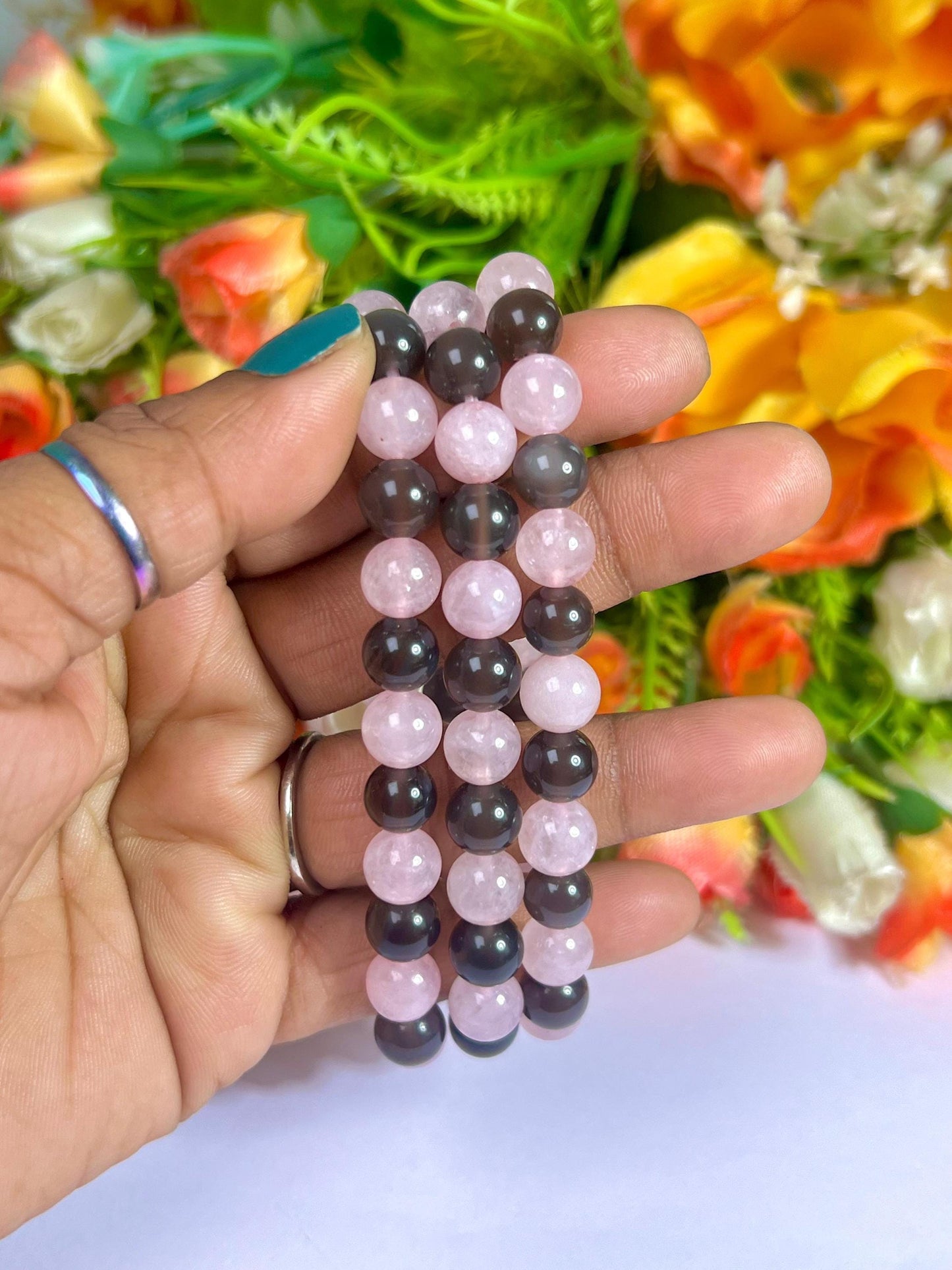 Apache Tears and Rose Quartz Stone Bracelet l Stretchable Bracelet l Unisex Bracelet l 8 MM Bracelet