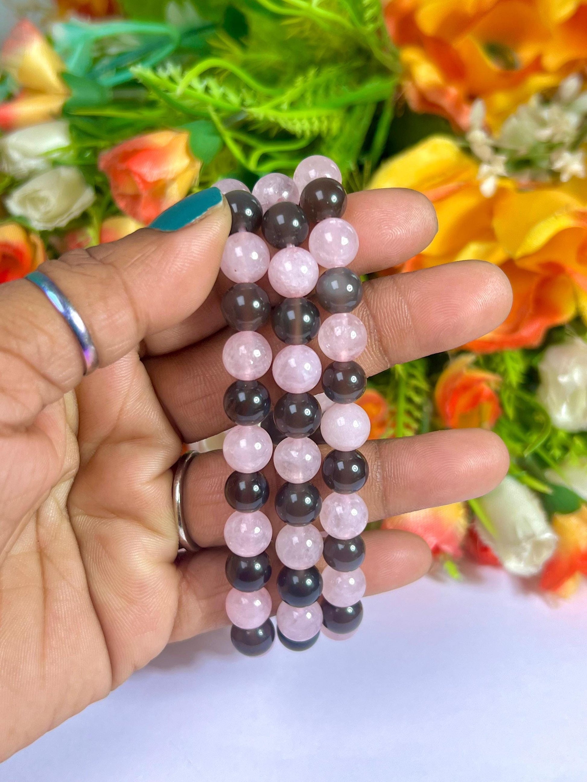Apache Tears and Rose Quartz Stone Bracelet l Stretchable Bracelet l Unisex Bracelet l 8 MM Bracelet