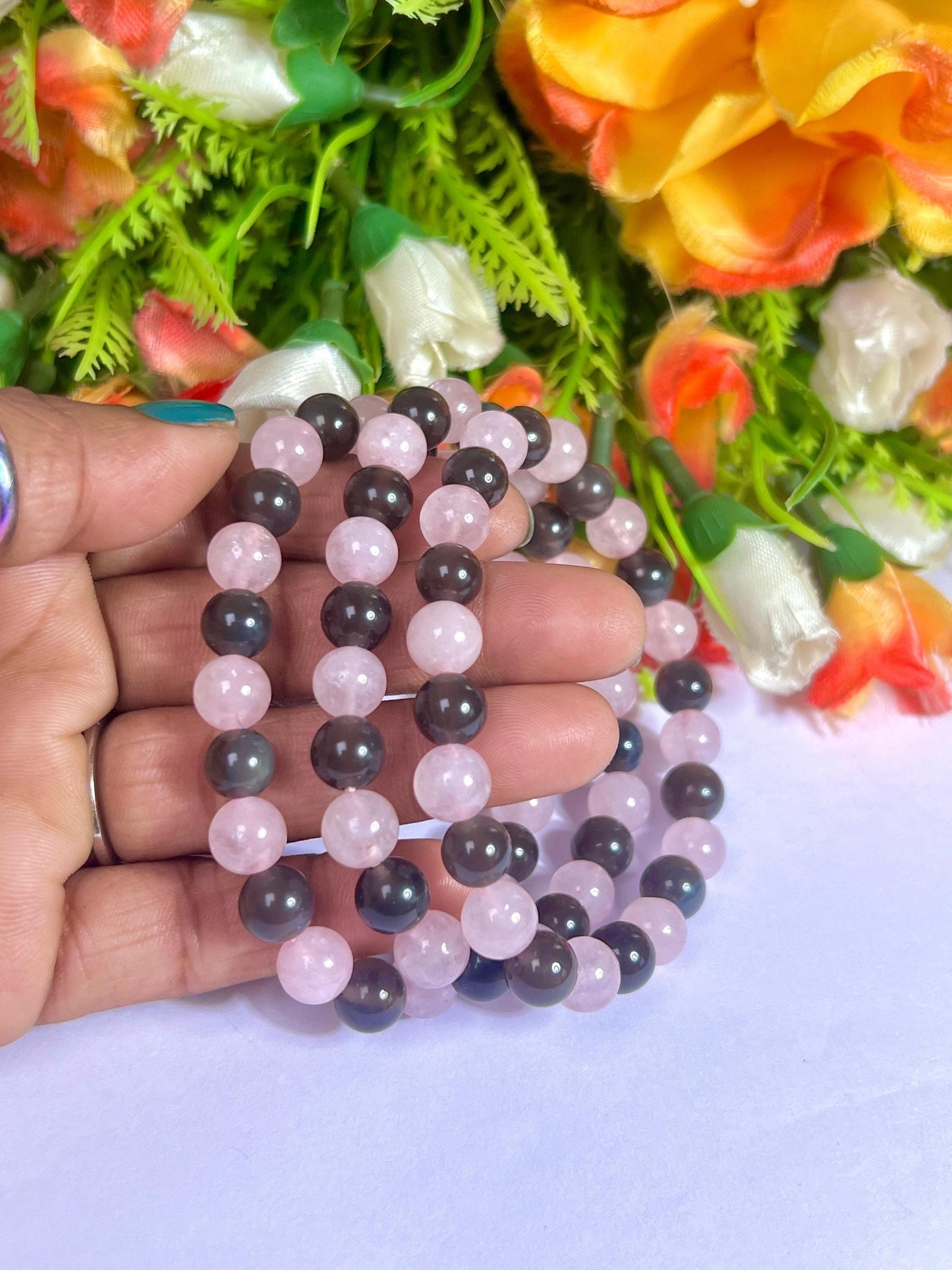 Apache Tears and Rose Quartz Stone Bracelet l Stretchable Bracelet l Unisex Bracelet l 8 MM Bracelet