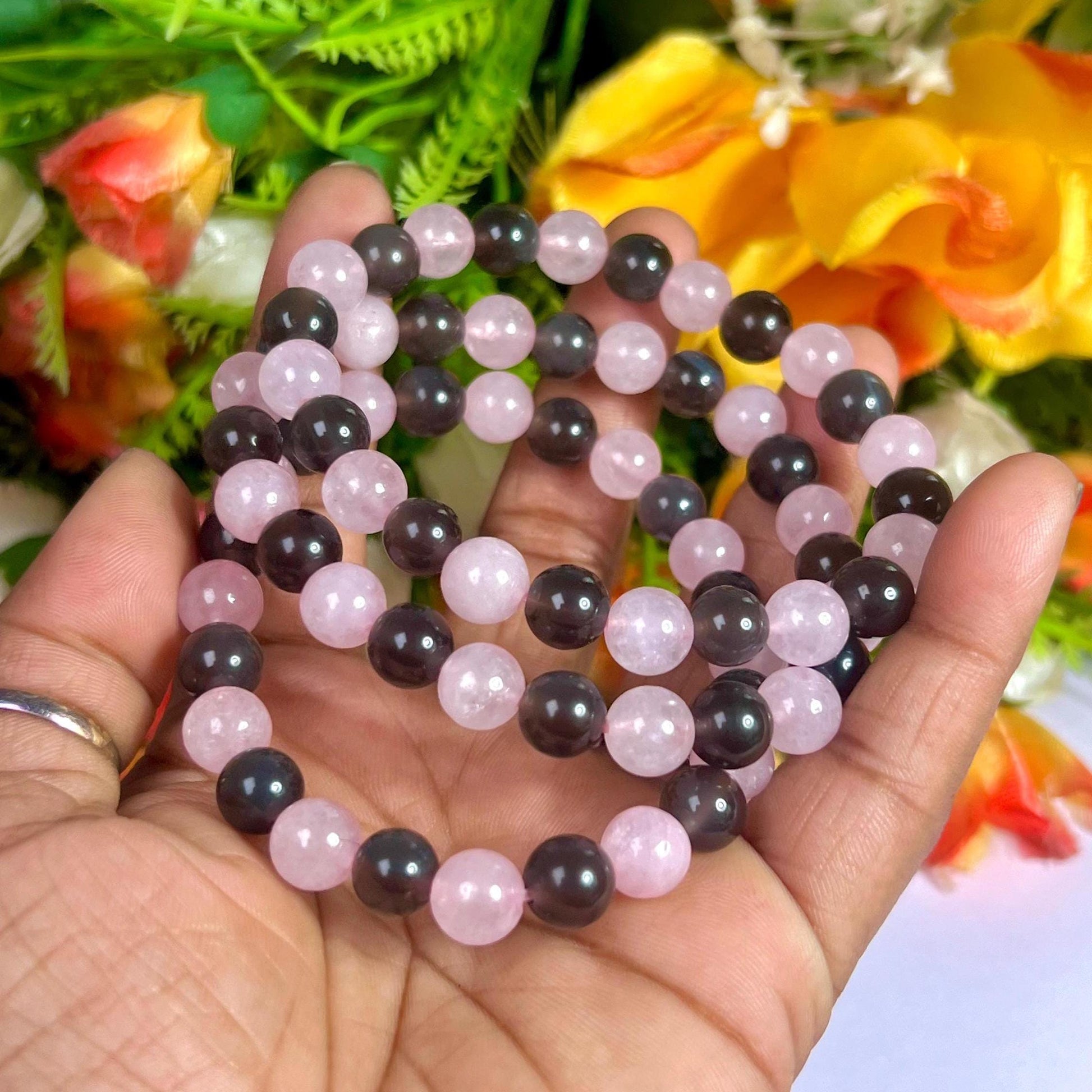 Apache Tears and Rose Quartz Stone Bracelet l Stretchable Bracelet l Unisex Bracelet l 8 MM Bracelet