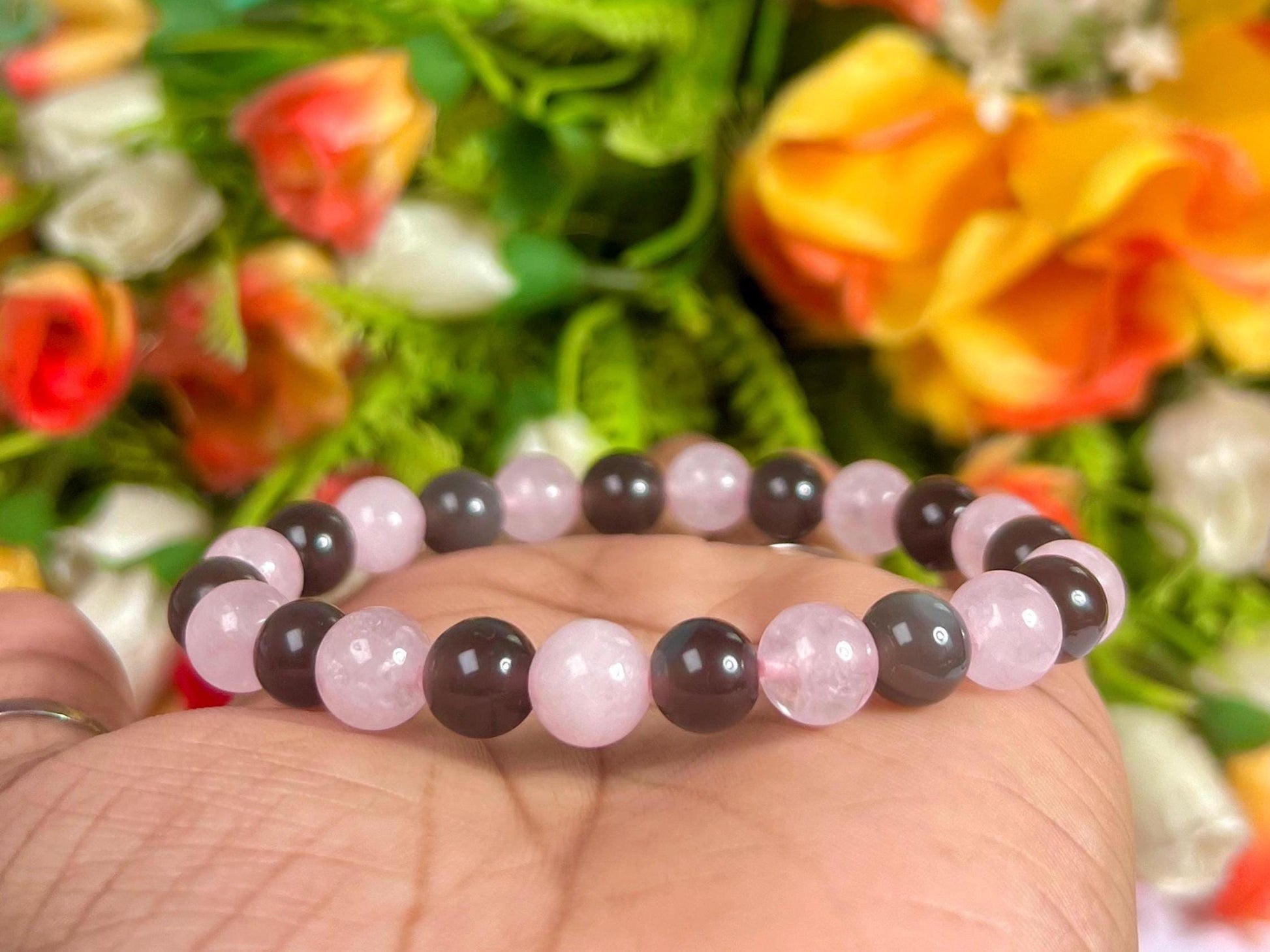 Apache Tears and Rose Quartz Stone Bracelet l Stretchable Bracelet l Unisex Bracelet l 8 MM Bracelet