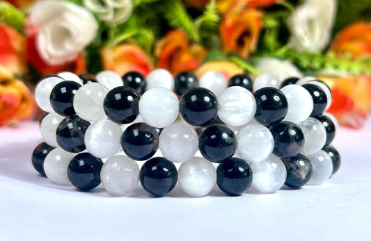 Black Tourmaline and Selenite Stone Bracelet l Stretchable Bracelet l Unisex Bracelet l 8 MM Bracelet