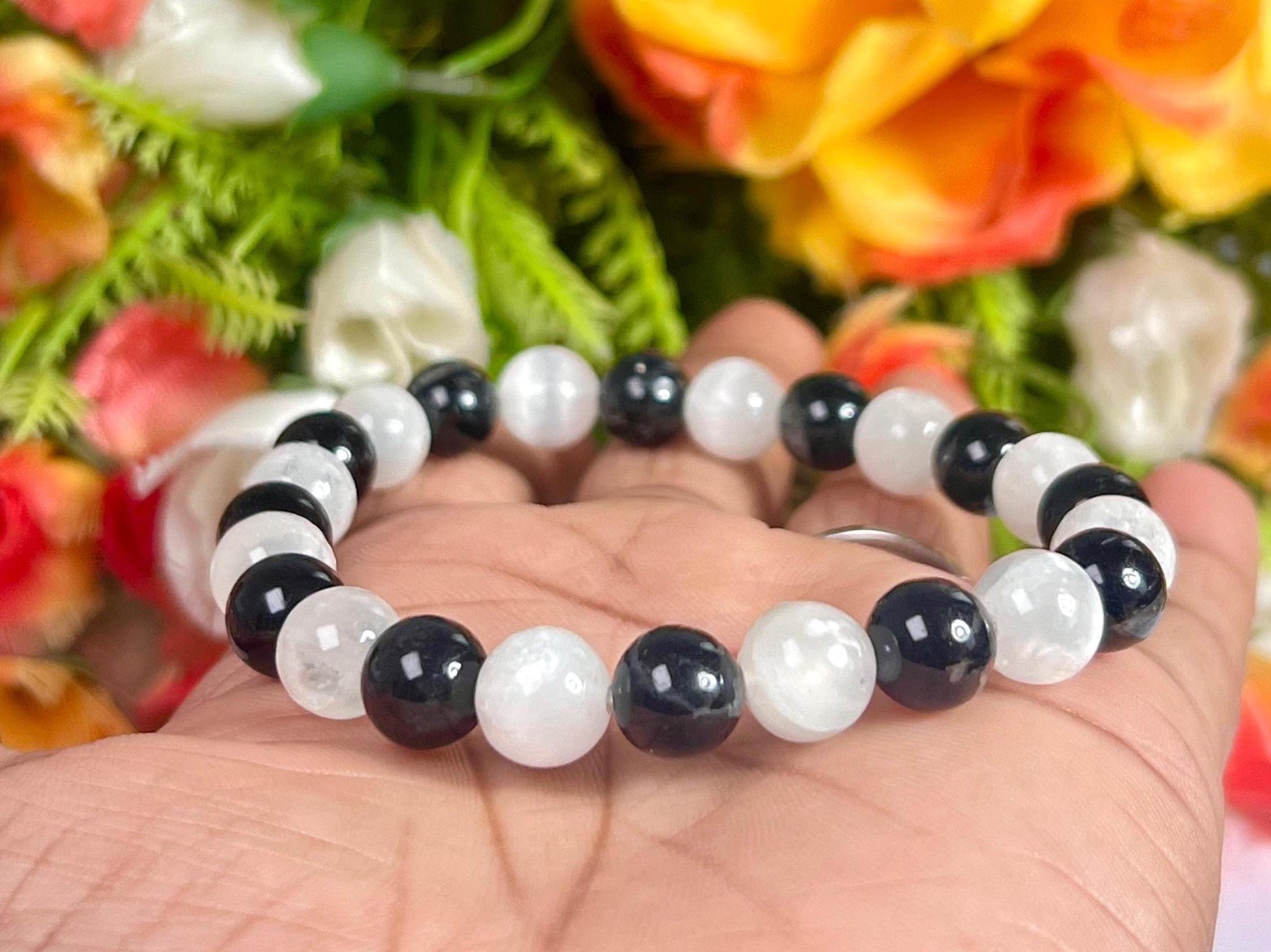 Black Tourmaline and Selenite Stone Bracelet l Stretchable Bracelet l Unisex Bracelet l 8 MM Bracelet