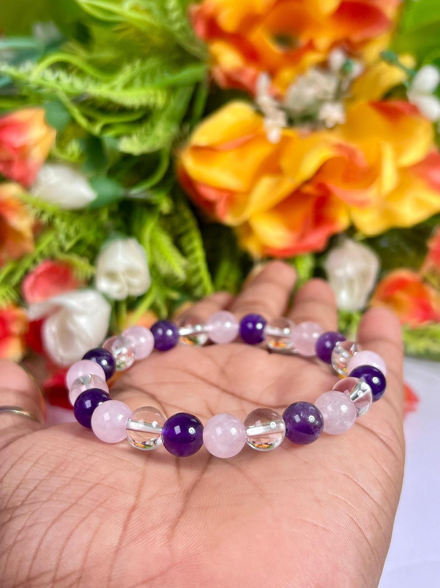 Rose Quartz Amethyst and Himalaya Crystal Stone Bracelet l Stretchable Bracelet l Unisex Bracelet l 8 MM Bracelet