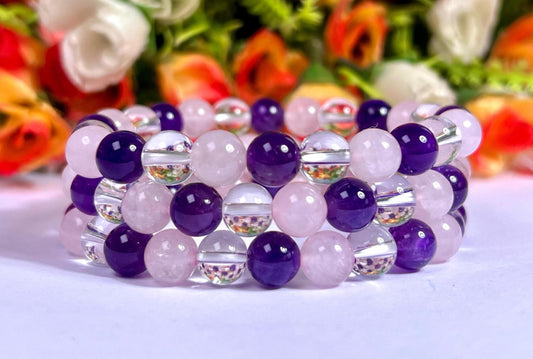 Rose Quartz Amethyst and Himalaya Crystal Stone Bracelet l Stretchable Bracelet l Unisex Bracelet l 8 MM Bracelet