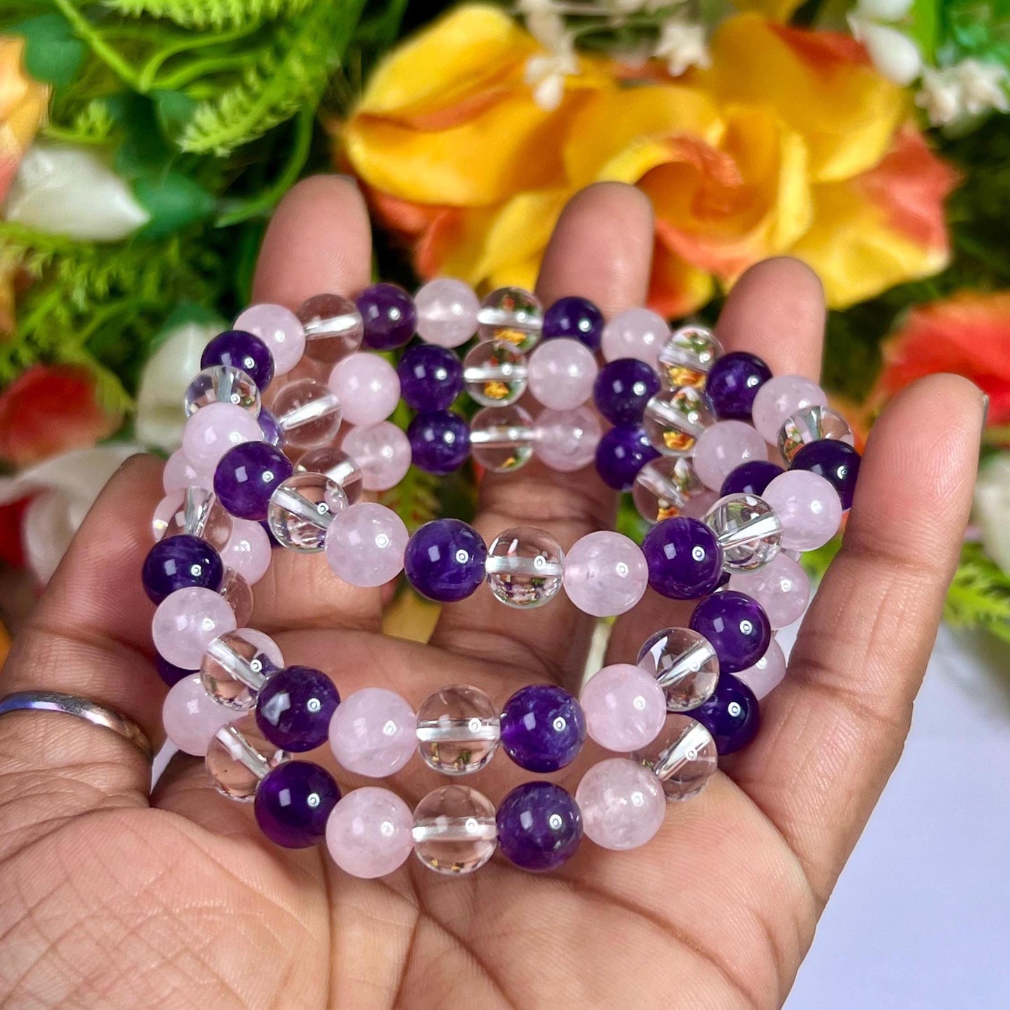 Rose Quartz Amethyst and Himalaya Crystal Stone Bracelet l Stretchable Bracelet l Unisex Bracelet l 8 MM Bracelet