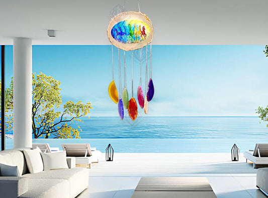 All Chakra 7 Horses Agate Slice Windchime Feng Shui Vastu , Home & Office Décor, Housewarming Gift