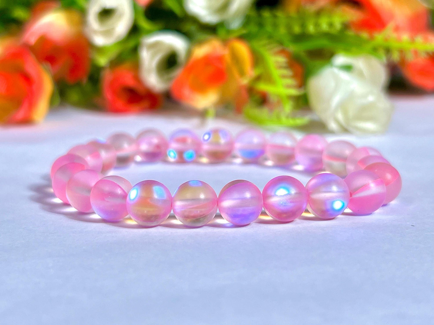 Pink Rose Aura Quartz Stone Bracelet l Stretchable Bracelet l Unisex Bracelet l 8 MM Bracelet