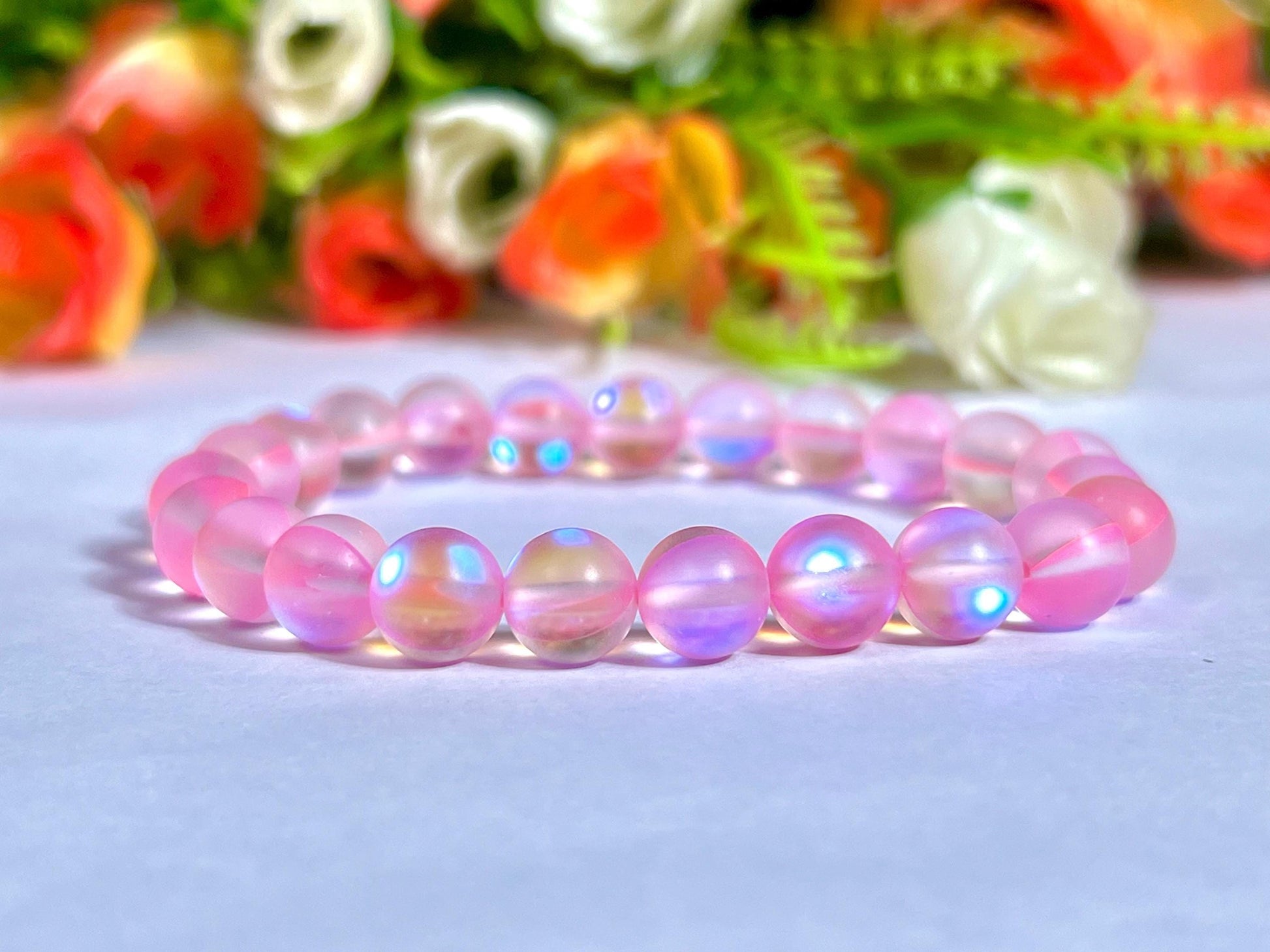 Pink Rose Aura Quartz Stone Bracelet l Stretchable Bracelet l Unisex Bracelet l 8 MM Bracelet