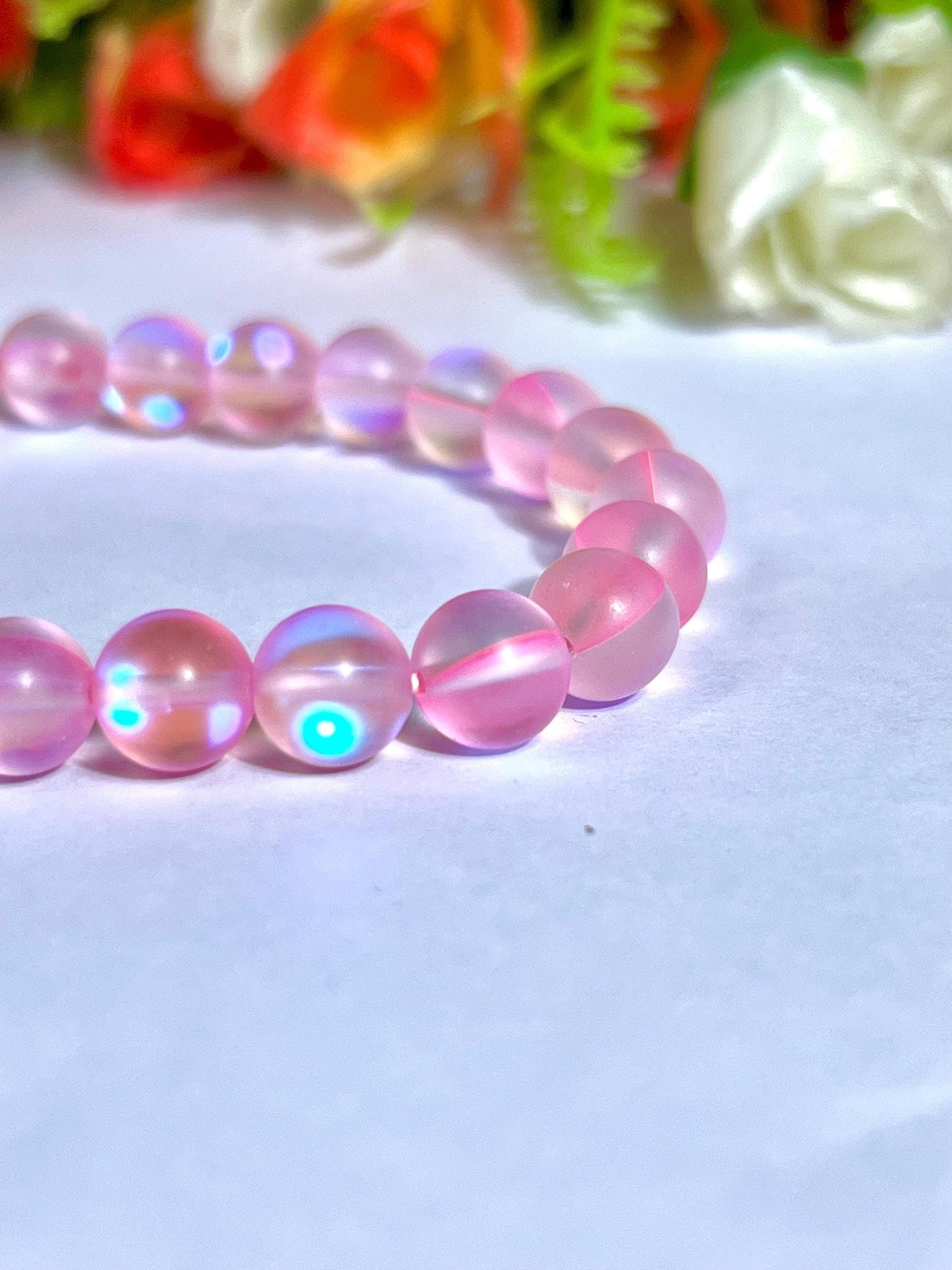 Pink Rose Aura Quartz Stone Bracelet l Stretchable Bracelet l Unisex Bracelet l 8 MM Bracelet