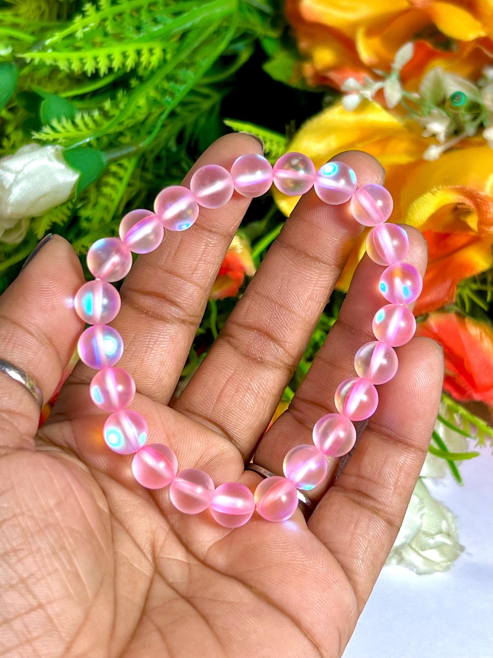 Pink Rose Aura Quartz Stone Bracelet l Stretchable Bracelet l Unisex Bracelet l 8 MM Bracelet