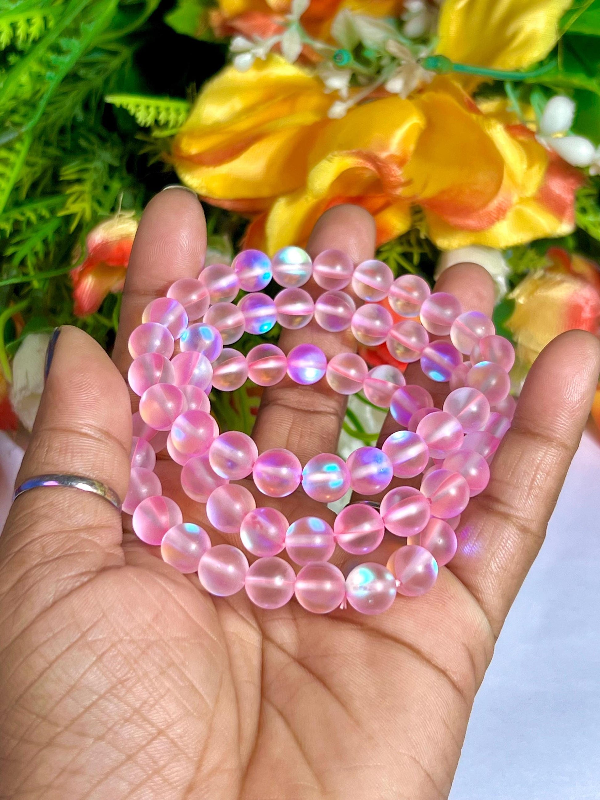 Pink Rose Aura Quartz Stone Bracelet l Stretchable Bracelet l Unisex Bracelet l 8 MM Bracelet