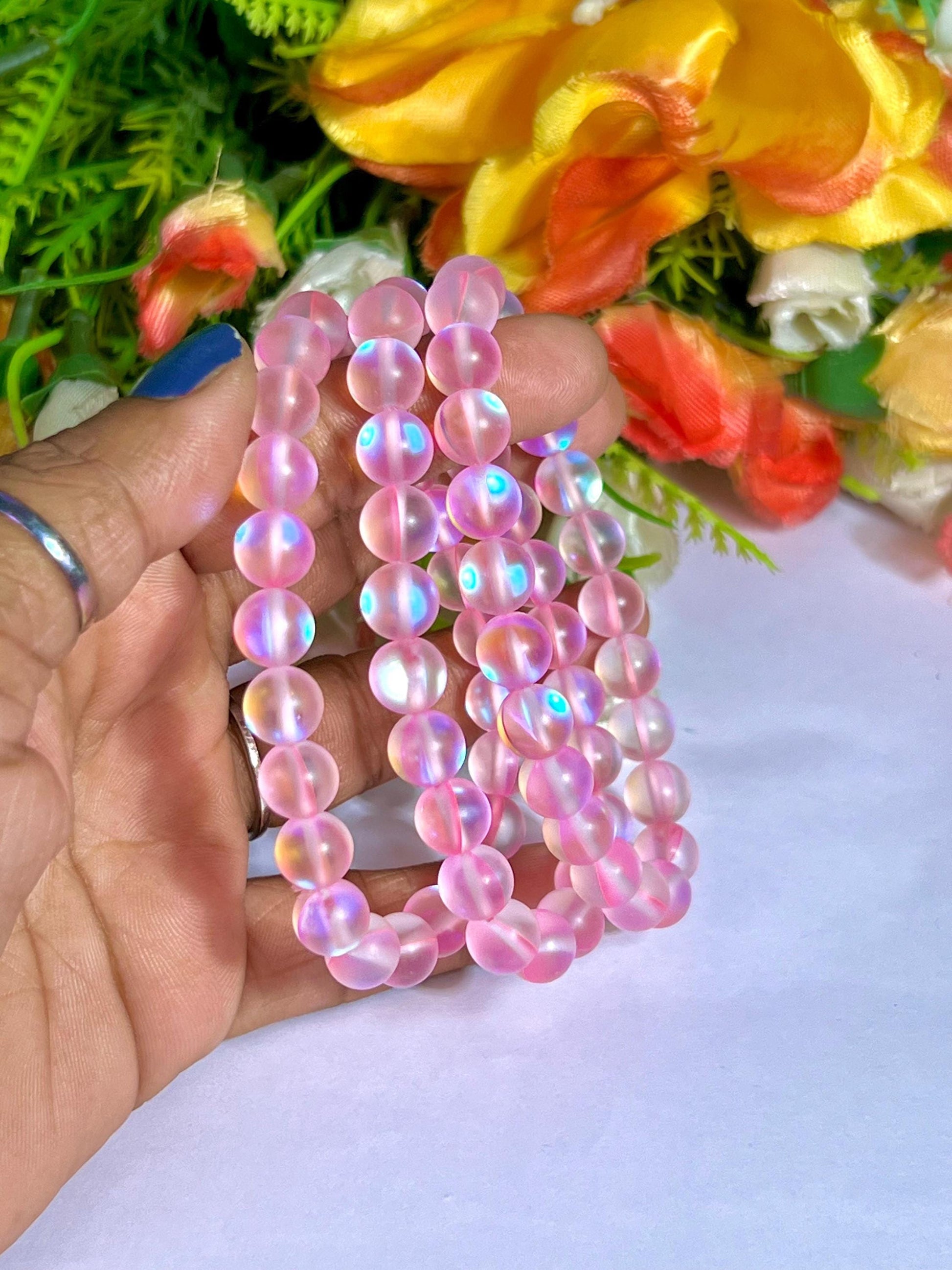 Pink Rose Aura Quartz Stone Bracelet l Stretchable Bracelet l Unisex Bracelet l 8 MM Bracelet