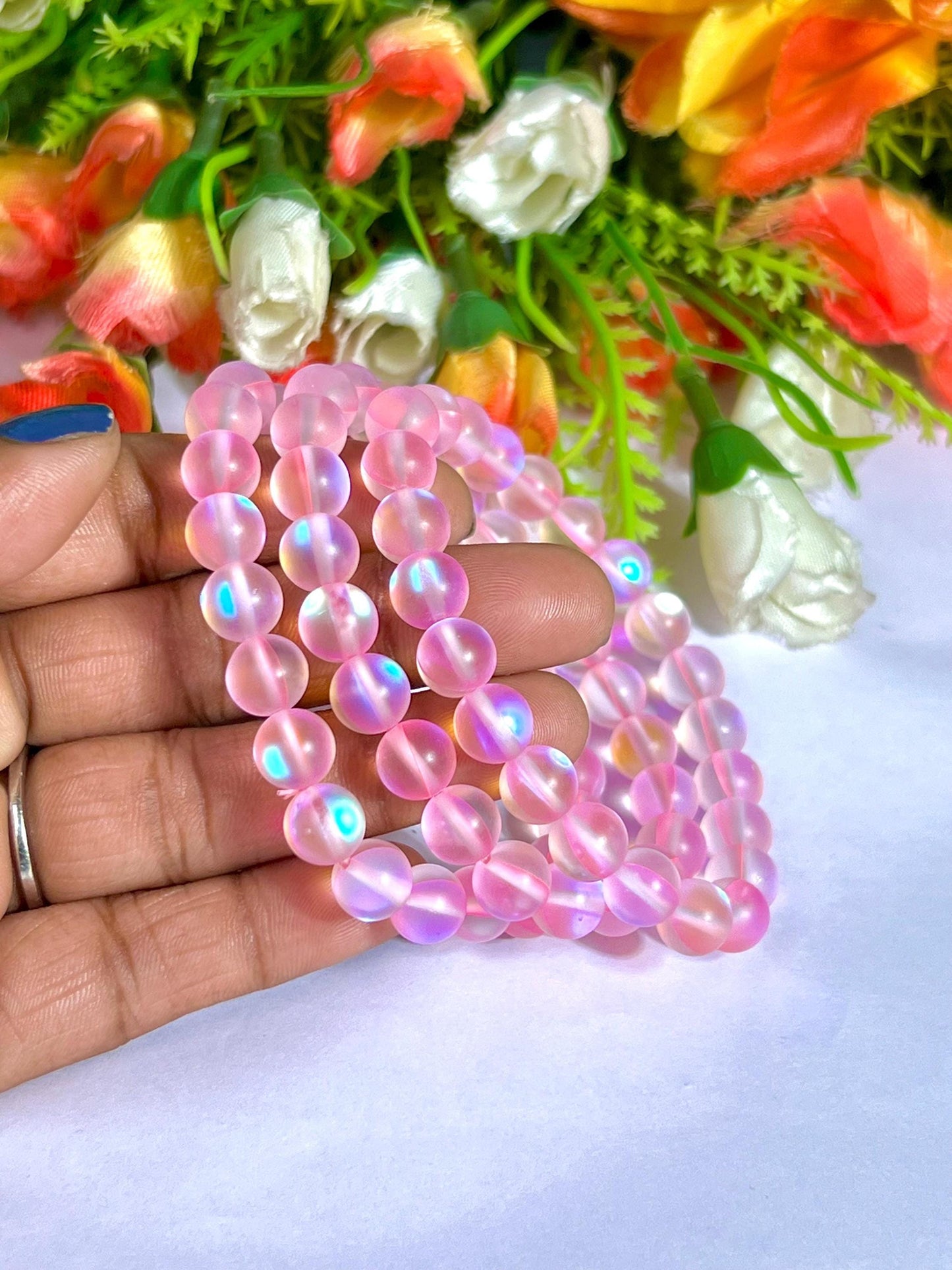 Pink Rose Aura Quartz Stone Bracelet l Stretchable Bracelet l Unisex Bracelet l 8 MM Bracelet