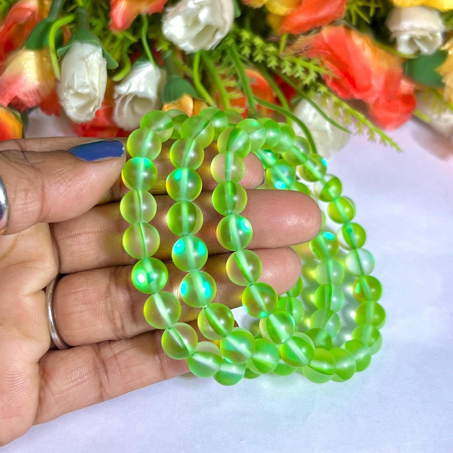 Peridot Aura Quartz Stone Bracelet l Stretchable Bracelet l Unisex Bracelet l 8 MM Bracelet