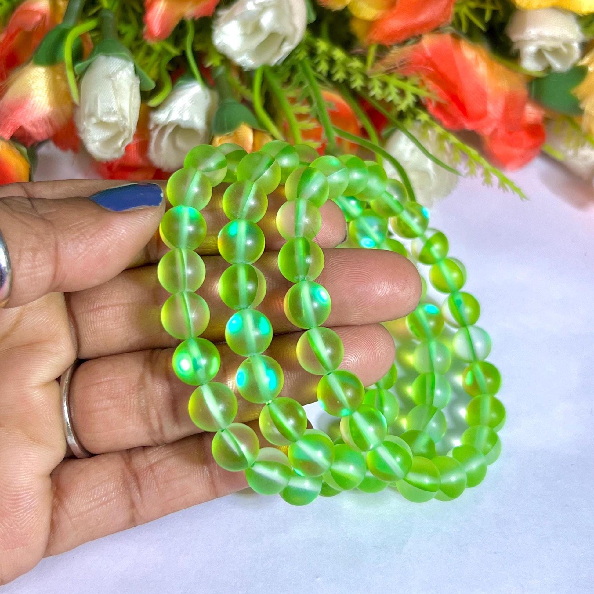 Peridot Aura Quartz Stone Bracelet l Stretchable Bracelet l Unisex Bracelet l 8 MM Bracelet
