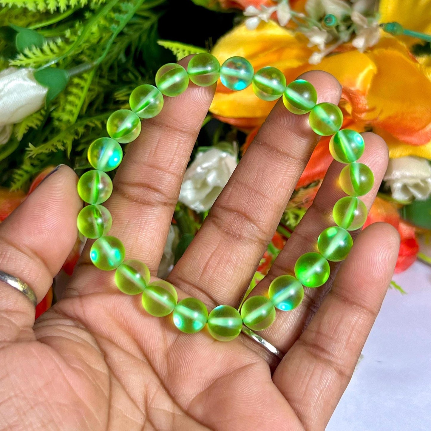 Peridot Aura Quartz Stone Bracelet l Stretchable Bracelet l Unisex Bracelet l 8 MM Bracelet