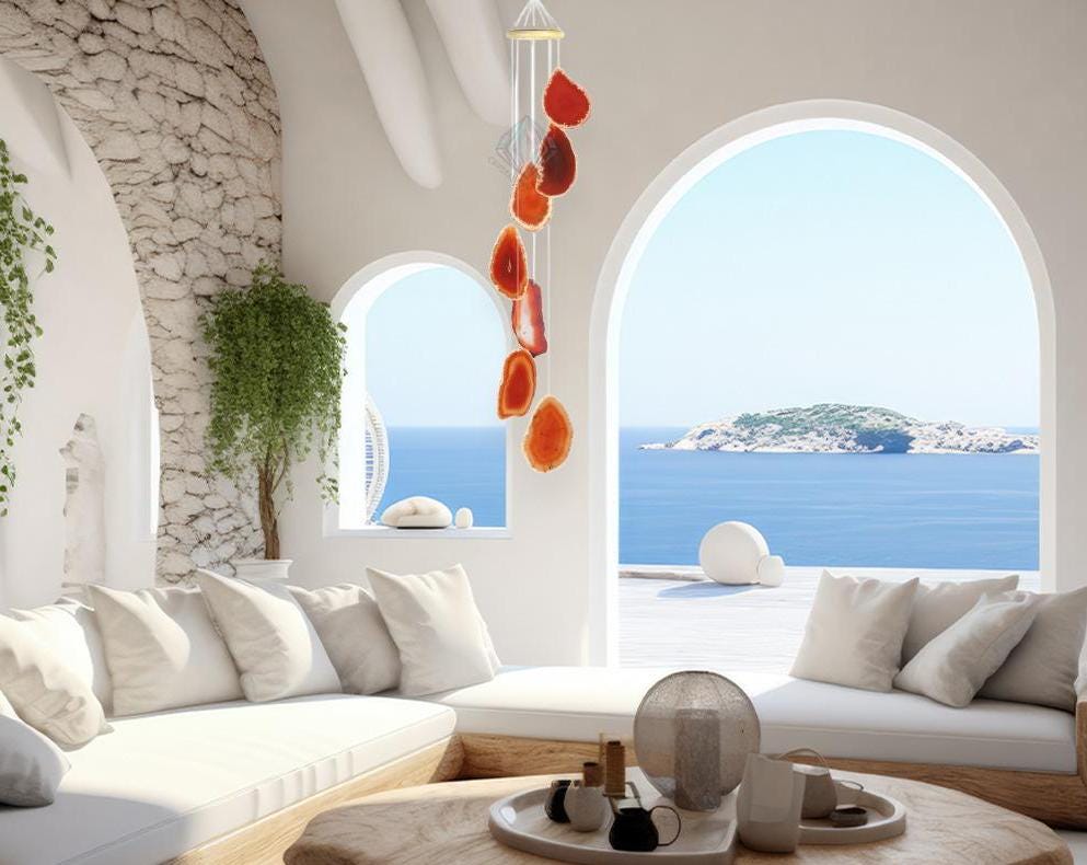 Red Orange Carnelian Stone Slice Windchime Feng Shui Vastu , Home & Office Décor, Housewarming Gift