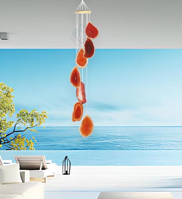 Red Orange Carnelian Stone Slice Windchime Feng Shui Vastu , Home & Office Décor, Housewarming Gift
