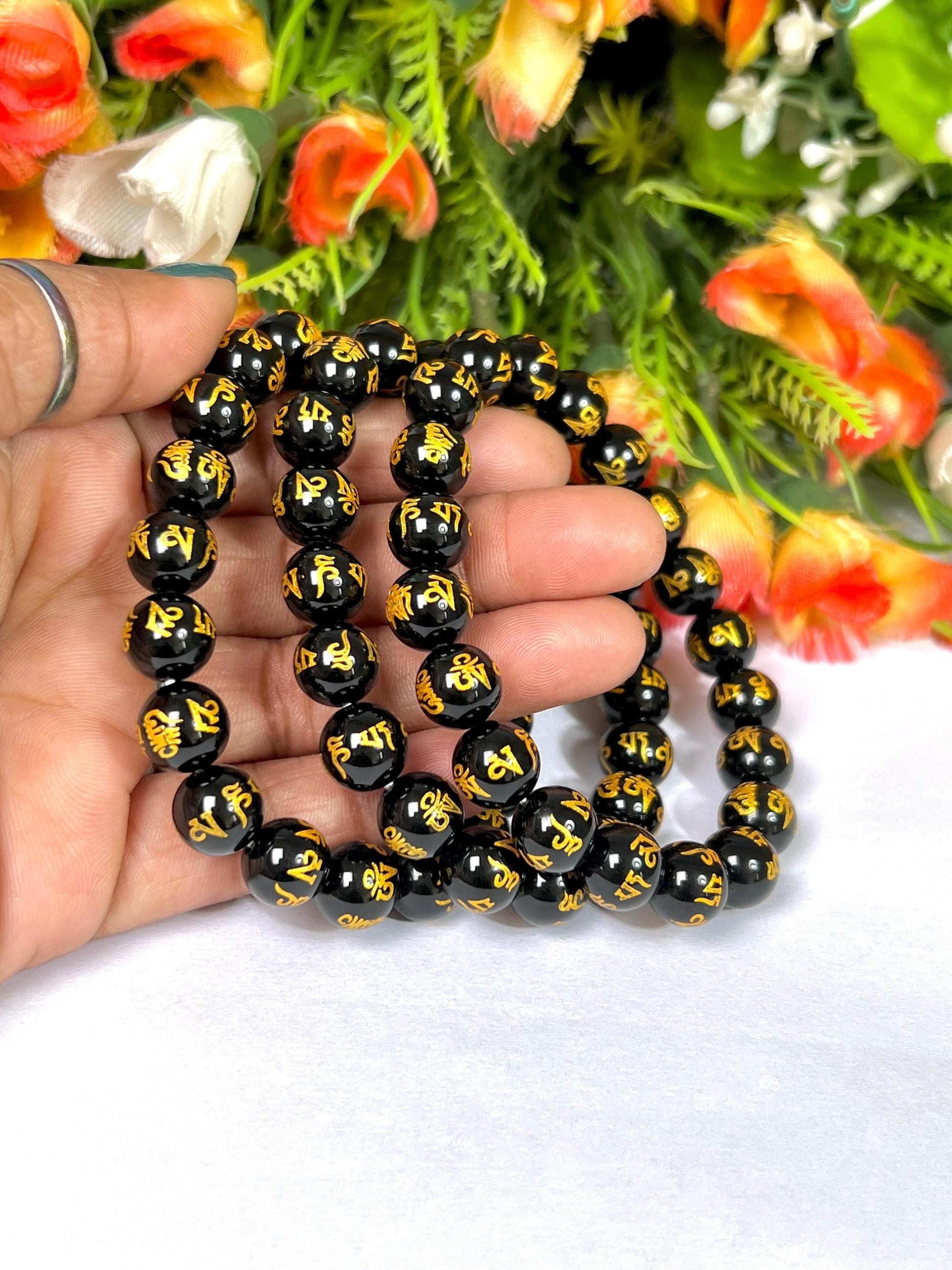 10 MM Black Obsidian Om Mani Padme Hum Stone Bracelet l Stretchable Bracelet l Unisex Bracelet