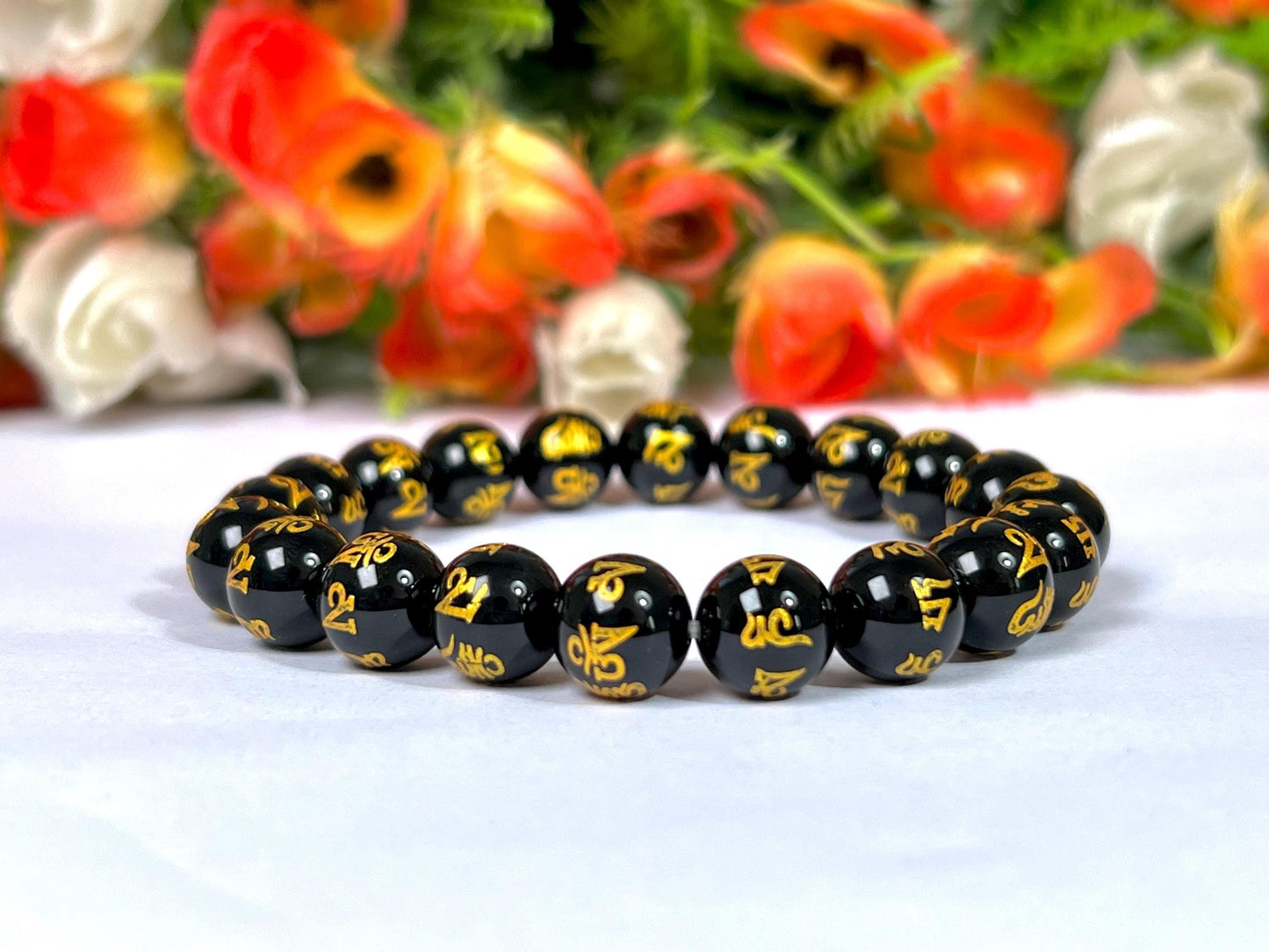 10 MM Black Obsidian Om Mani Padme Hum Stone Bracelet l Stretchable Bracelet l Unisex Bracelet
