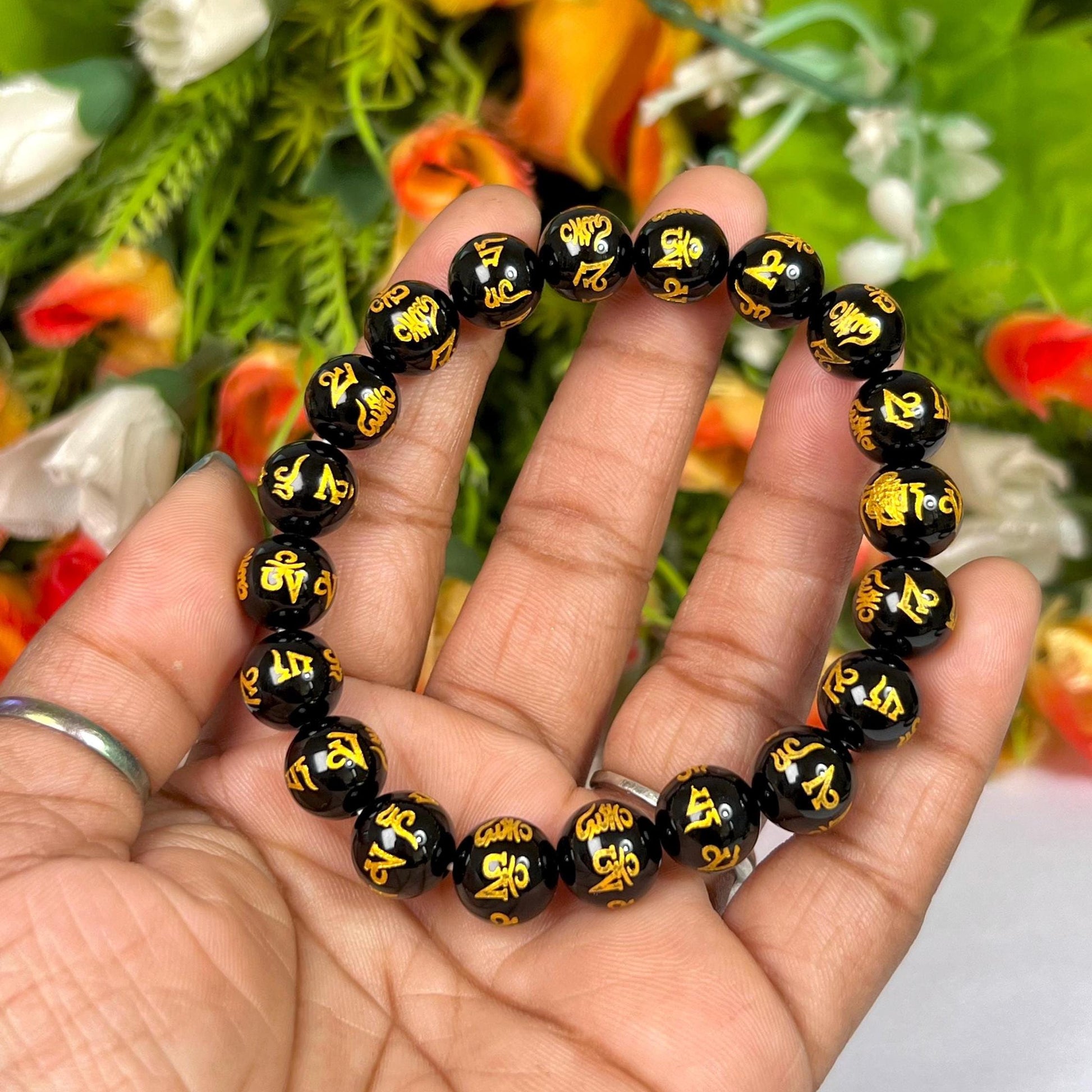 10 MM Black Obsidian Om Mani Padme Hum Stone Bracelet l Stretchable Bracelet l Unisex Bracelet