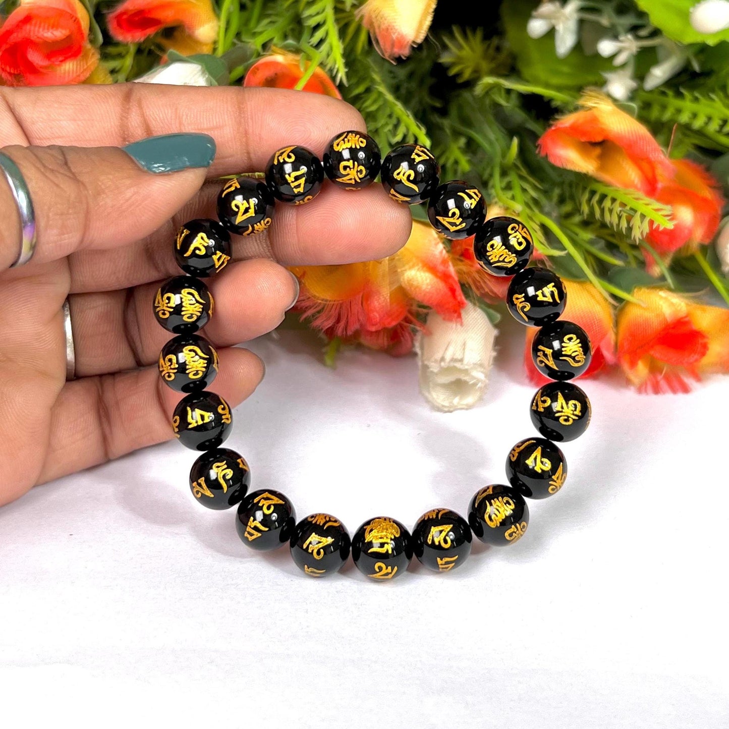 10 MM Black Obsidian Om Mani Padme Hum Stone Bracelet l Stretchable Bracelet l Unisex Bracelet