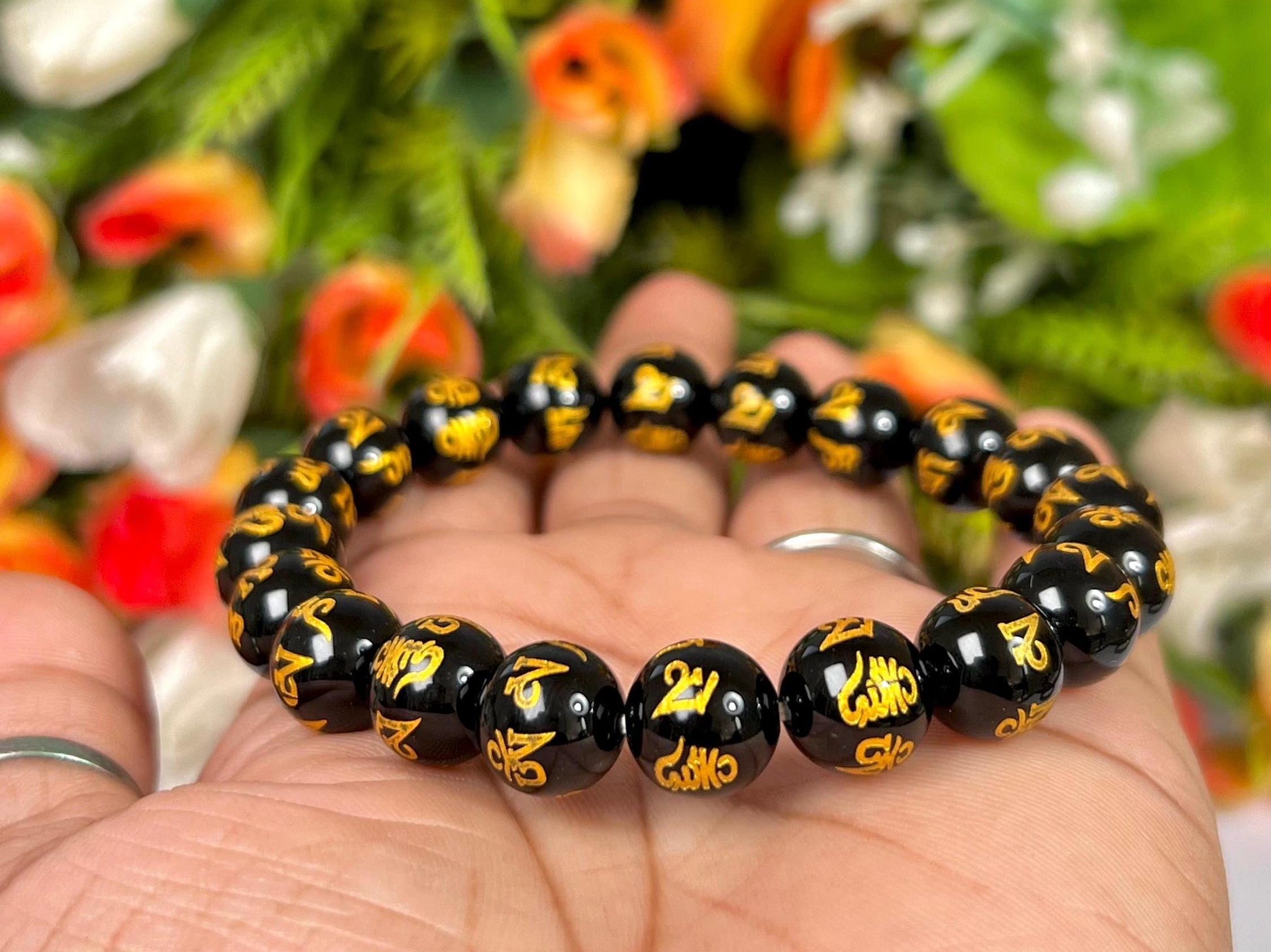 10 MM Black Obsidian Om Mani Padme Hum Stone Bracelet l Stretchable Bracelet l Unisex Bracelet