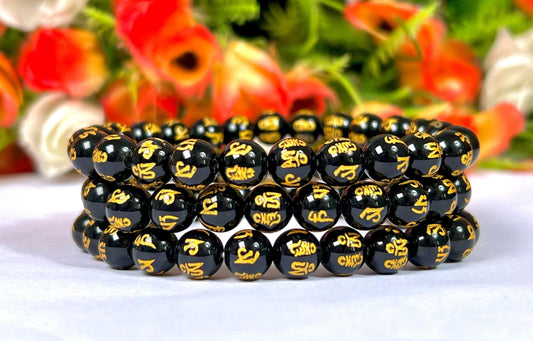 Black Obsidian Om Mani Padme Hum Stone Bracelet l Stretchable Bracelet l Unisex Bracelet l 8 MM Bracelet