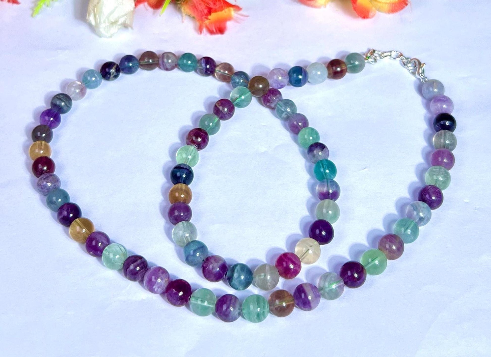 8 MM Rainbow Green Fluorite Stone Necklace 24 Inch