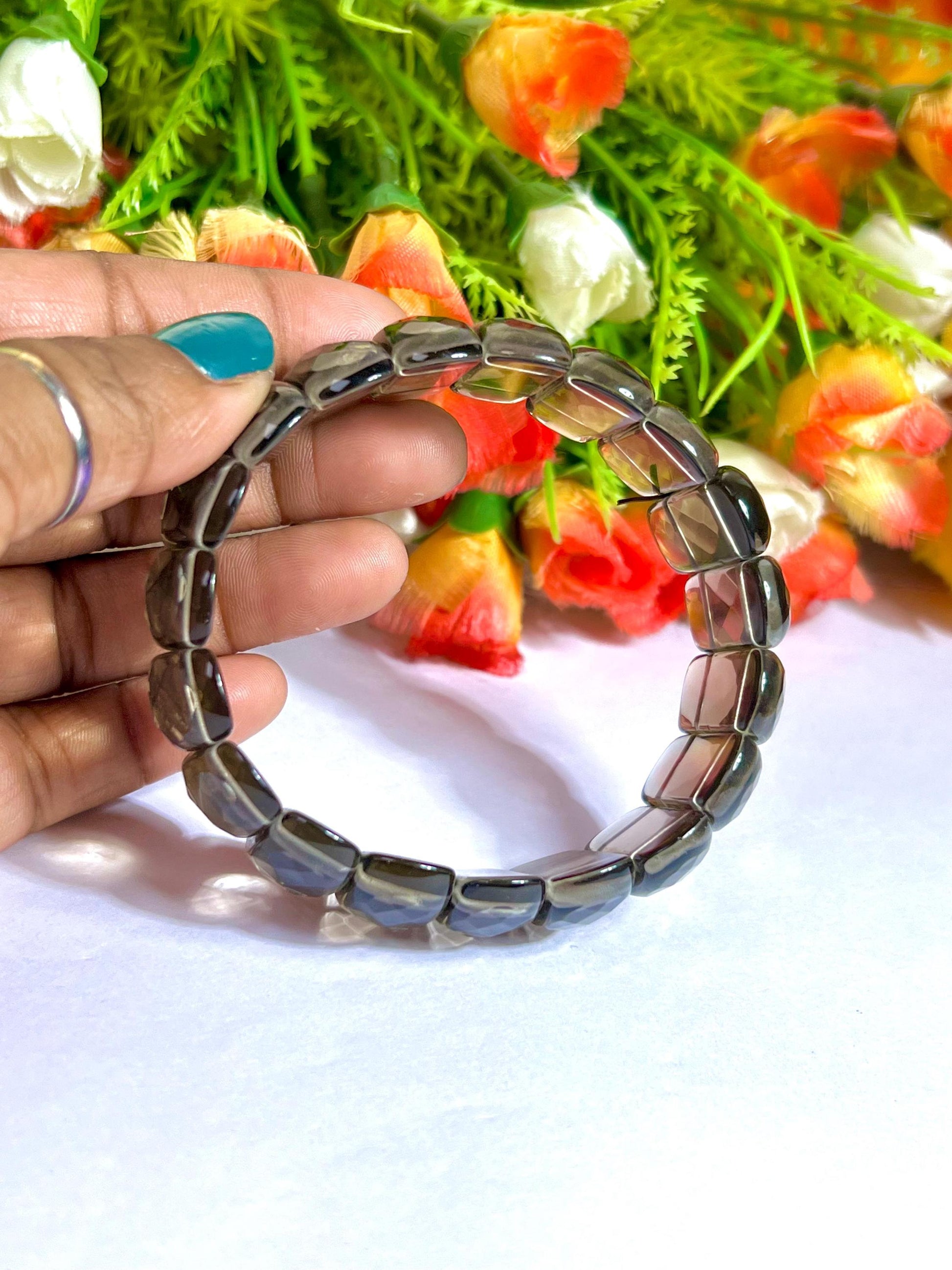 25 MM Smoky Quartz Stone Bracelet l Stretchable Bracelet