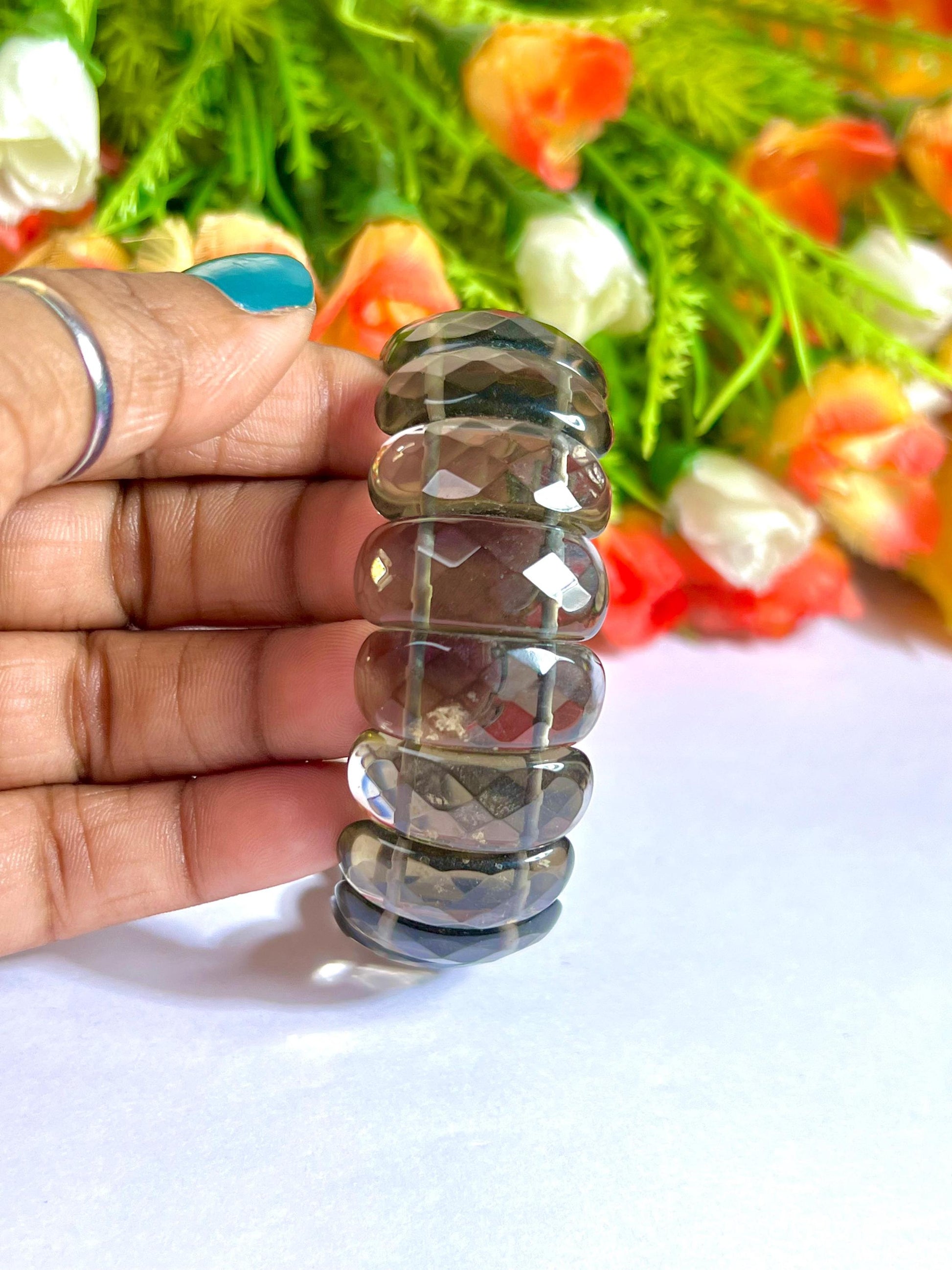 25 MM Smoky Quartz Stone Bracelet l Stretchable Bracelet