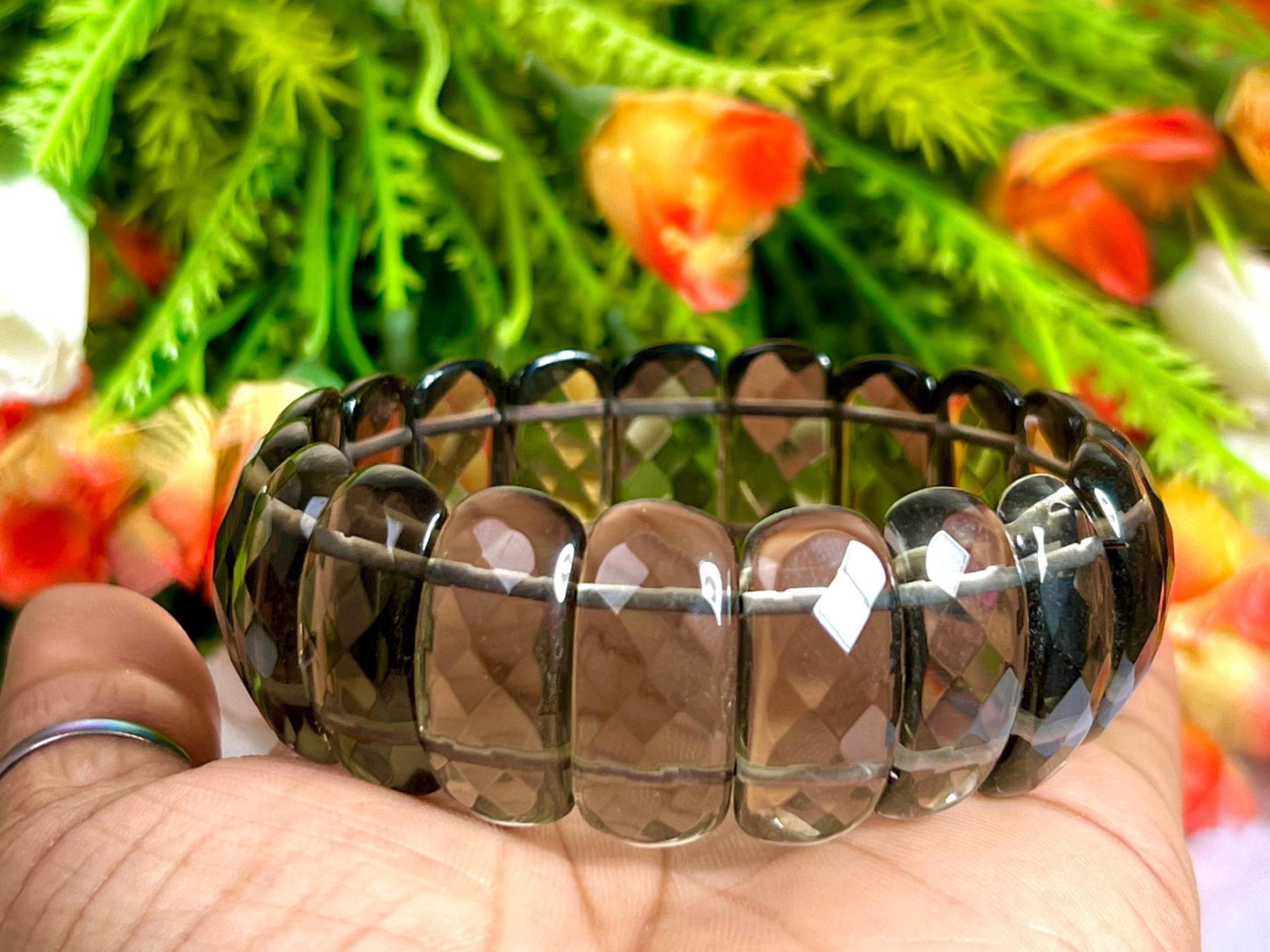 25 MM Smoky Quartz Stone Bracelet l Stretchable Bracelet