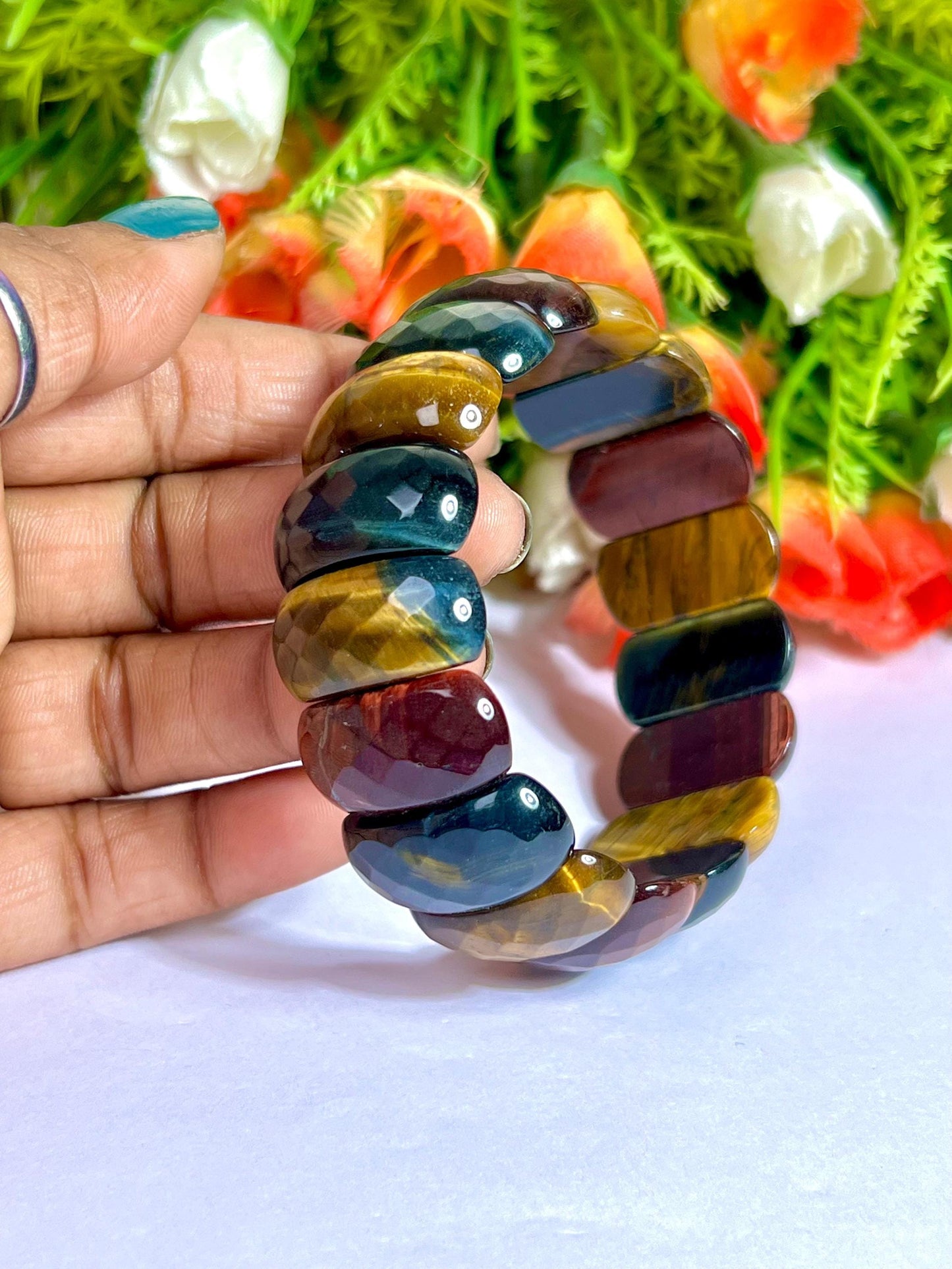 25 MM 3 Color Tiger Eye Stone Bracelet l Blue Tiger Eye ,Red Tiger Eye and Yellow Tiger Eye l Stretchable Bracelet High Grade